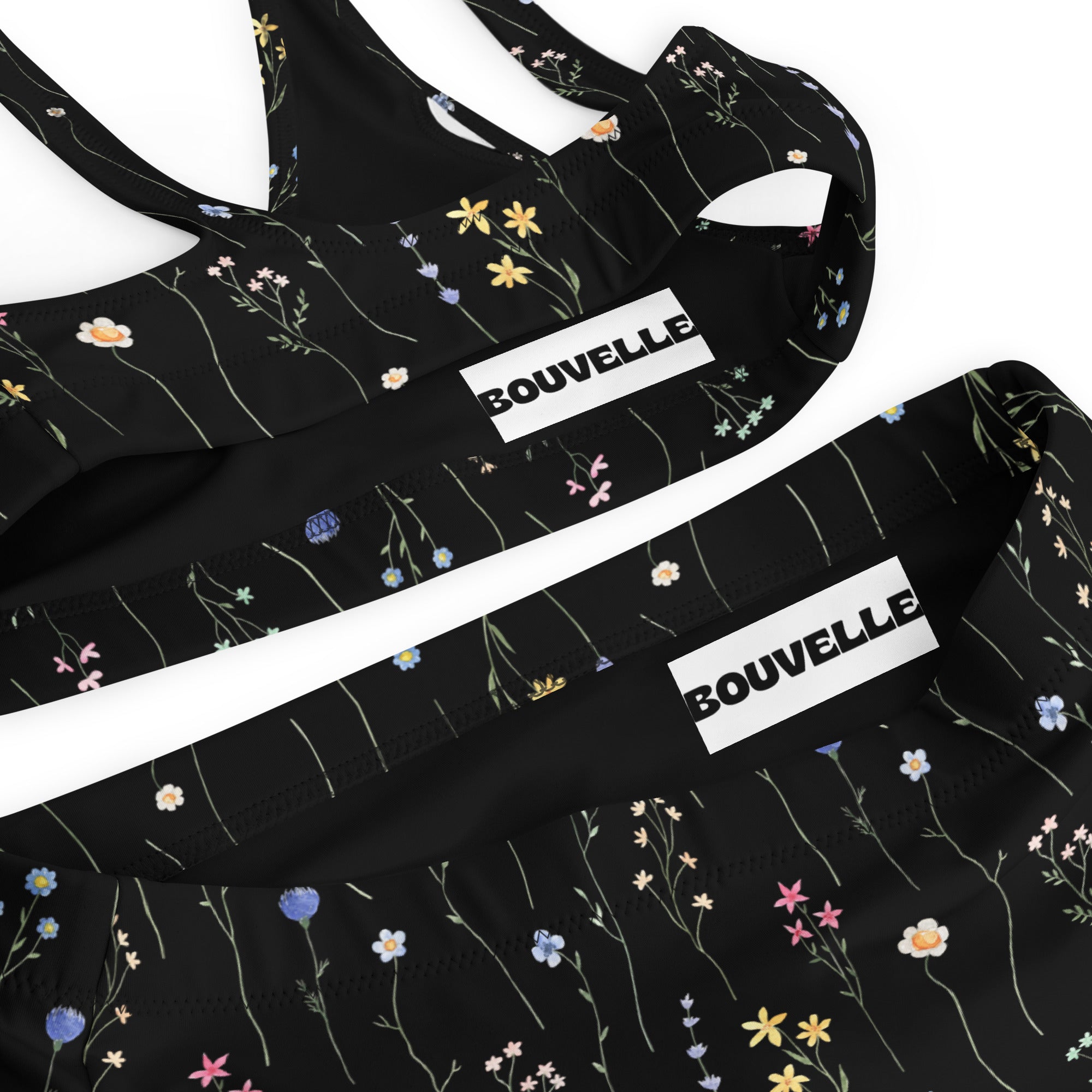 Women's Black Wildflower Recycled Bikini - Removable Padding, Buttery Soft Quick-Drying UPF 50+ Fabric