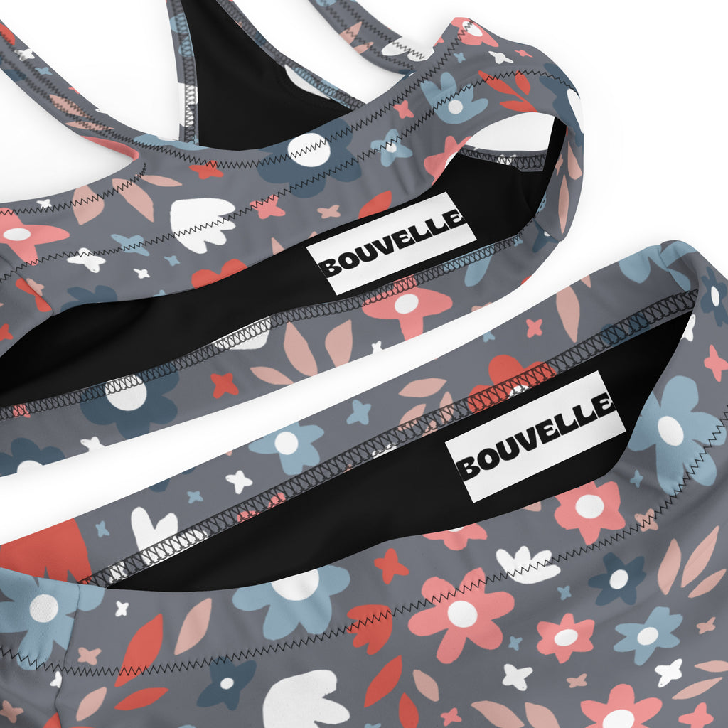 Women's Gray Floral Recycled Bikini - Removable Padding, Buttery Soft Quick-Drying UPF 50+ Fabric