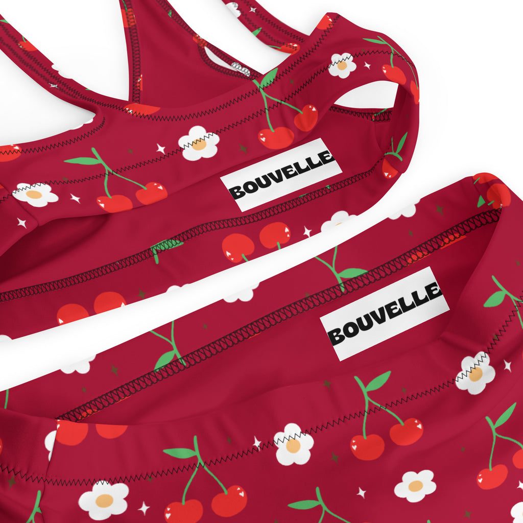 Women's Red Cherry Daisy Recycled Bikini - Removable Padding, Buttery Soft Quick-Drying UPF 50+ Fabric