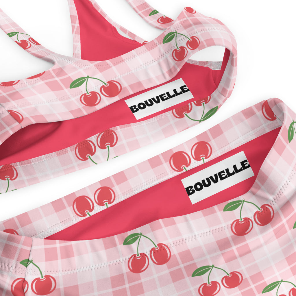 Women's Pink Cherry Gingham Recycled Bikini - Removable Padding, Buttery Soft Quick-Drying UPF 50+ Fabric