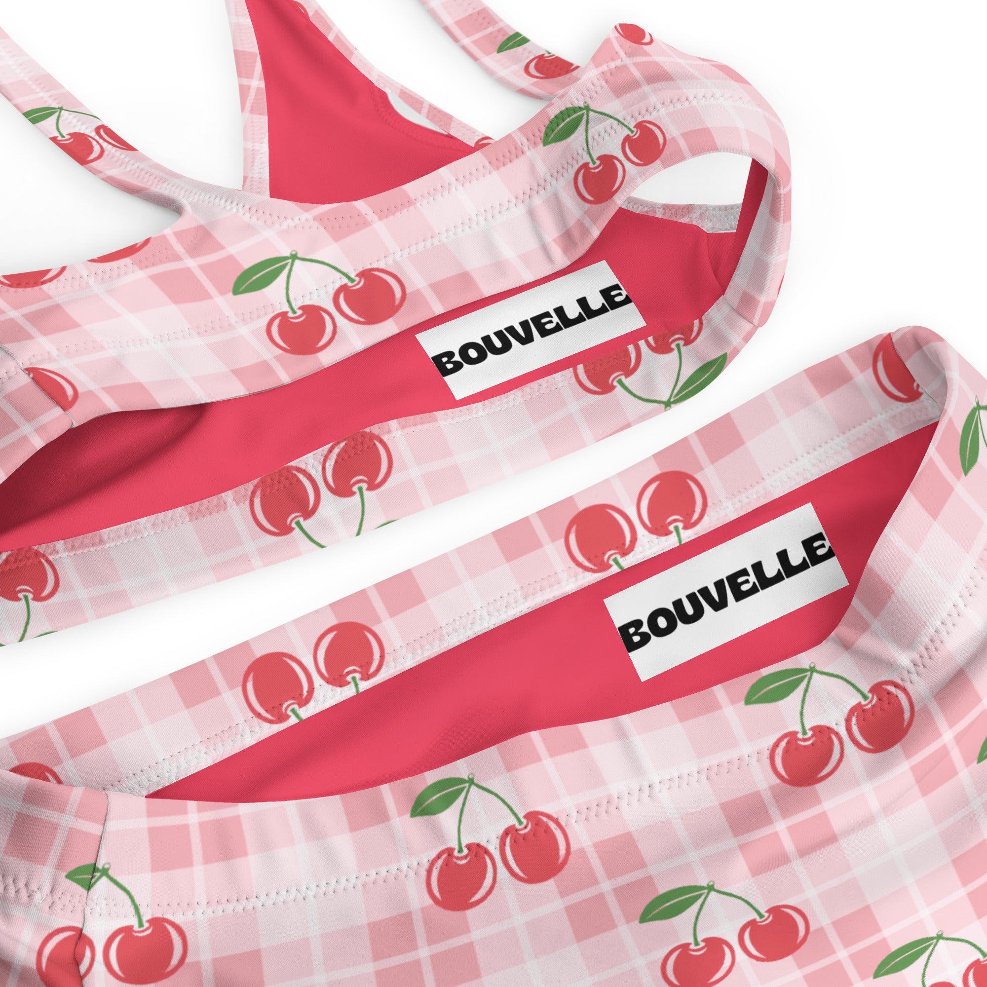 Women's Pink Cherry Gingham Recycled Bikini - Removable Padding, Buttery Soft Quick-Drying UPF 50+ Fabric