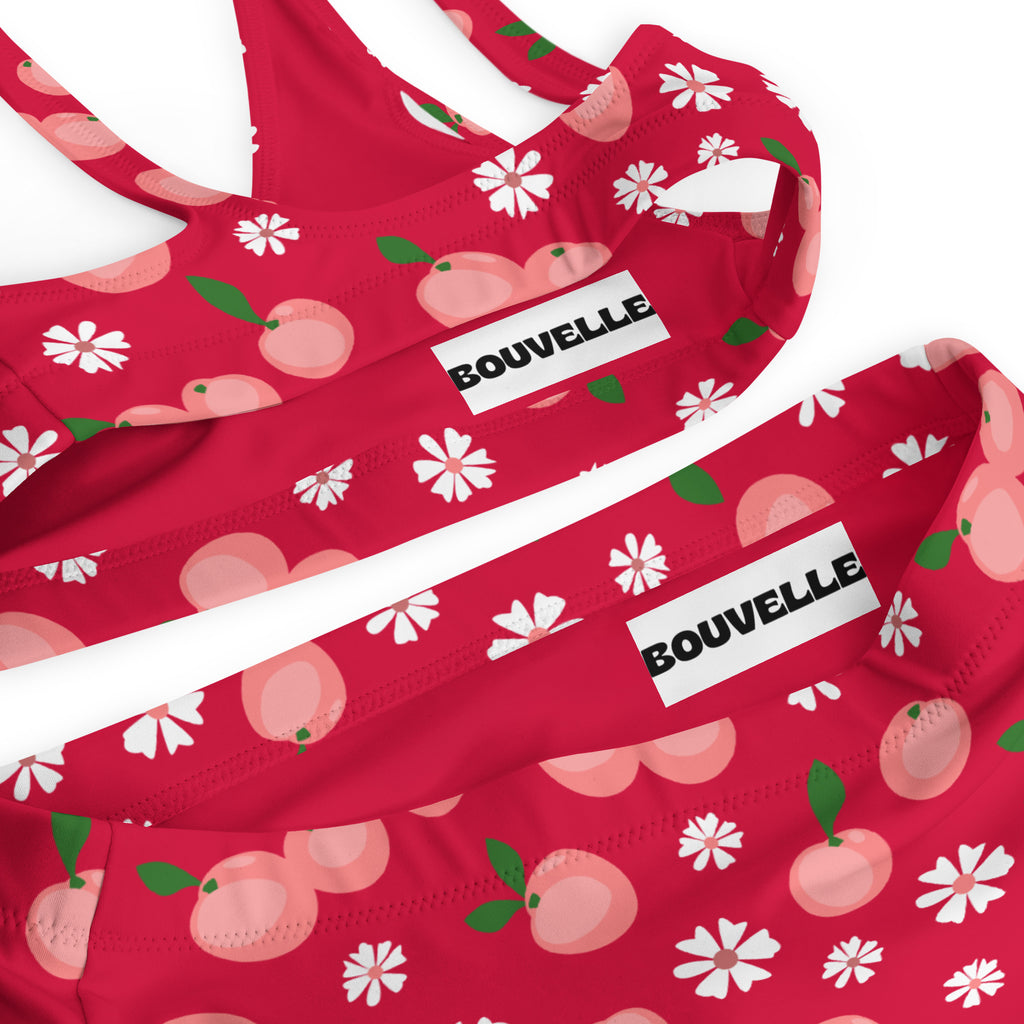 Women's Red Peach Daisy Recycled Bikini - Removable Padding, Buttery Soft Quick-Drying UPF 50+ Fabric