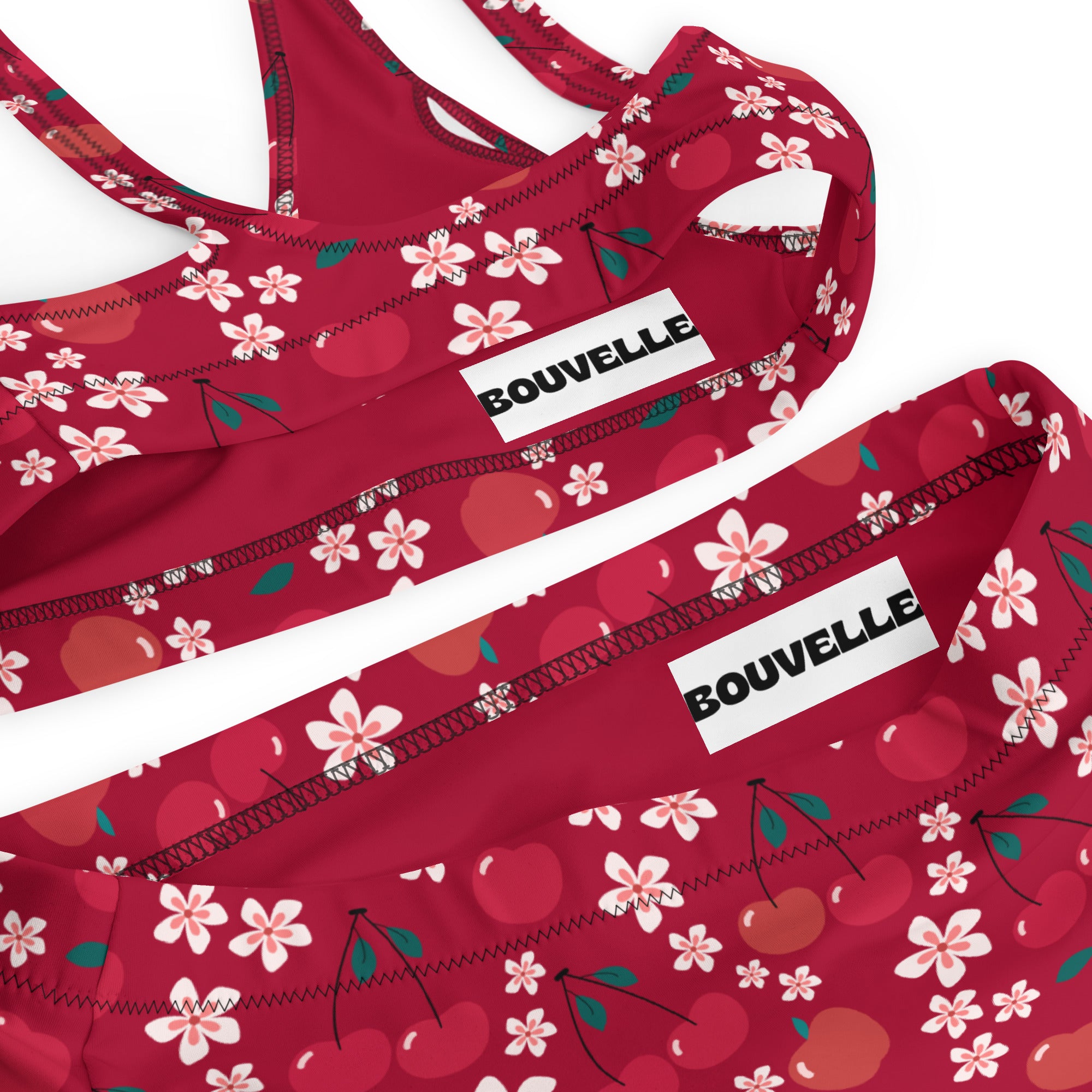 Women's Red Cherry Blossom Recycled Bikini - Removable Padding, Buttery Soft Quick-Drying UPF 50+ Fabric