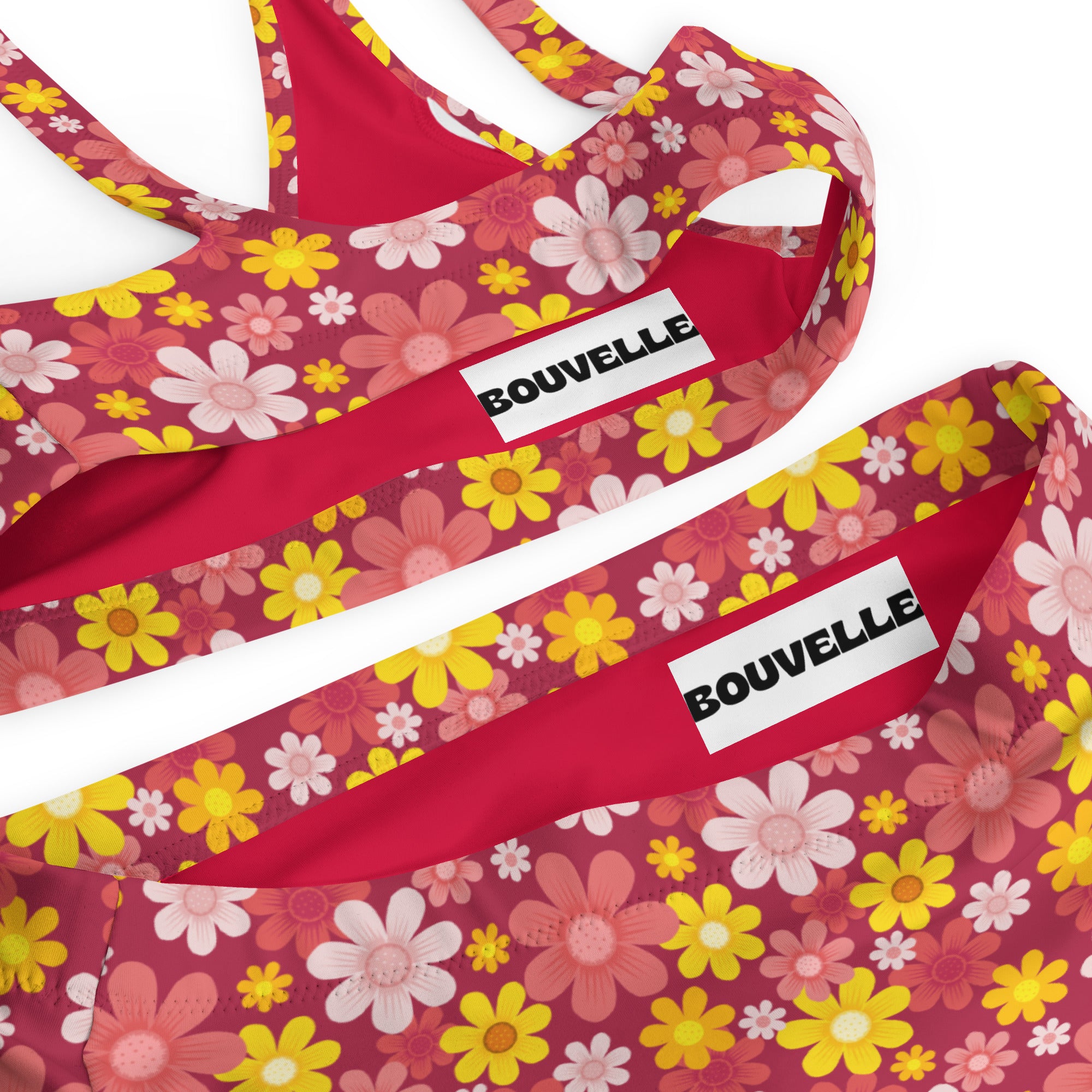 Women's Red Floral Recycled Bikini - Removable Padding, Buttery Soft Quick-Drying UPF 50+ Fabric
