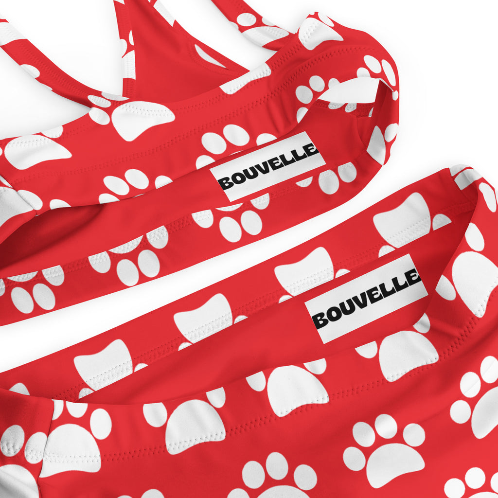 Women's Red Paw Print Recycled Bikini - Removable Padding, Buttery Soft Quick-Drying UPF 50+ Fabric