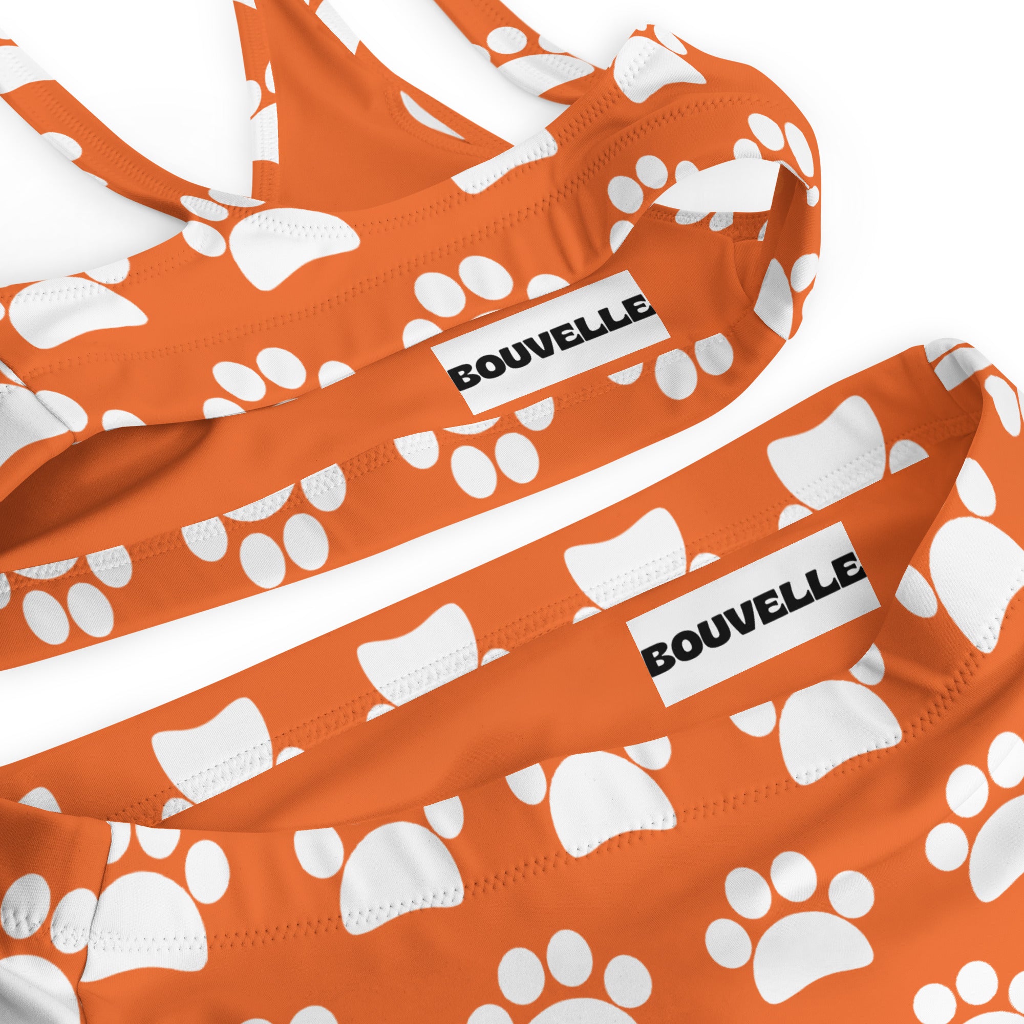 Women's Orange Paw Print Recycled Bikini - Removable Padding, Buttery Soft Quick-Drying UPF 50+ Fabric