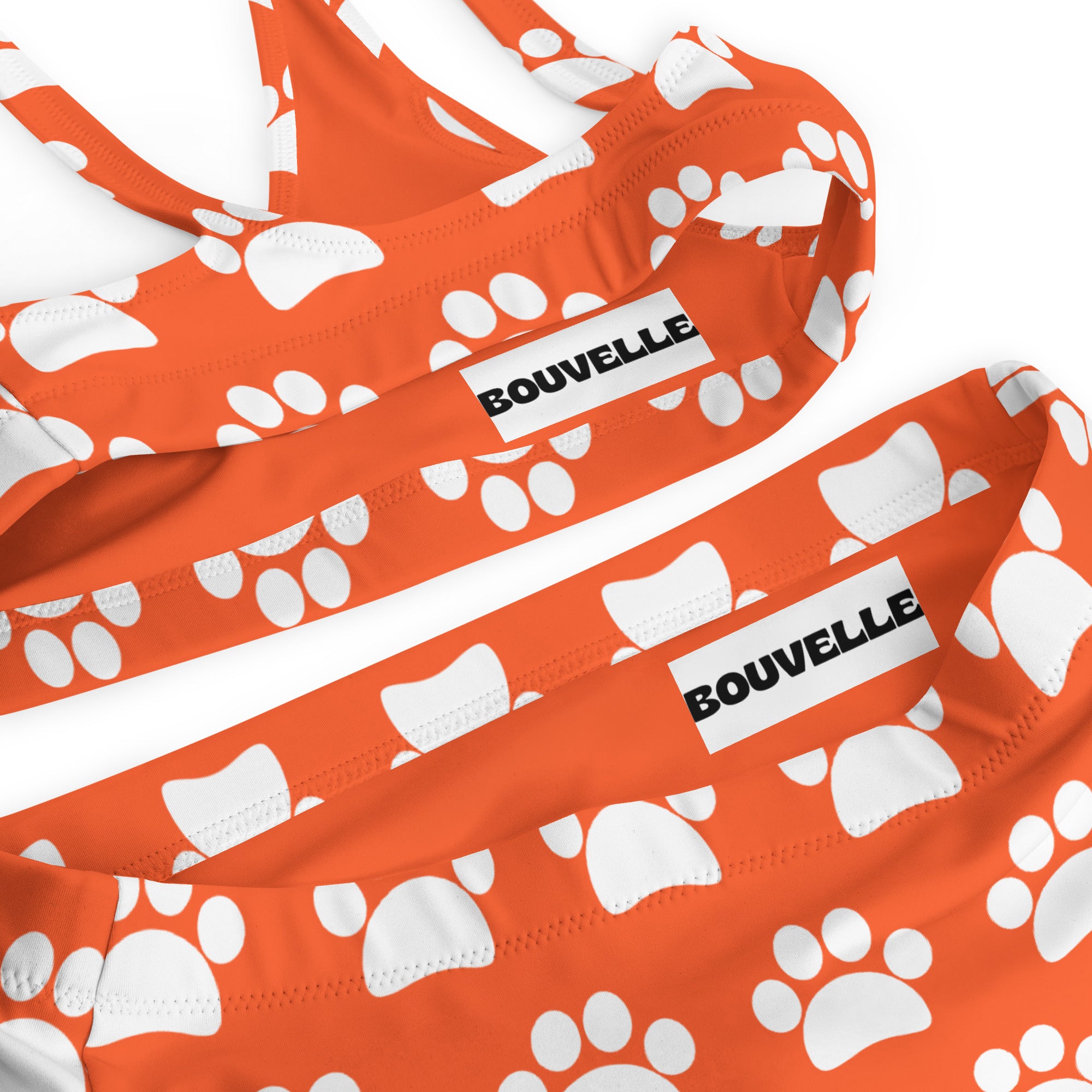 Women's Bright Orange Paw Print Recycled Bikini - Removable Padding, Buttery Soft Quick-Drying UPF 50+ Fabric