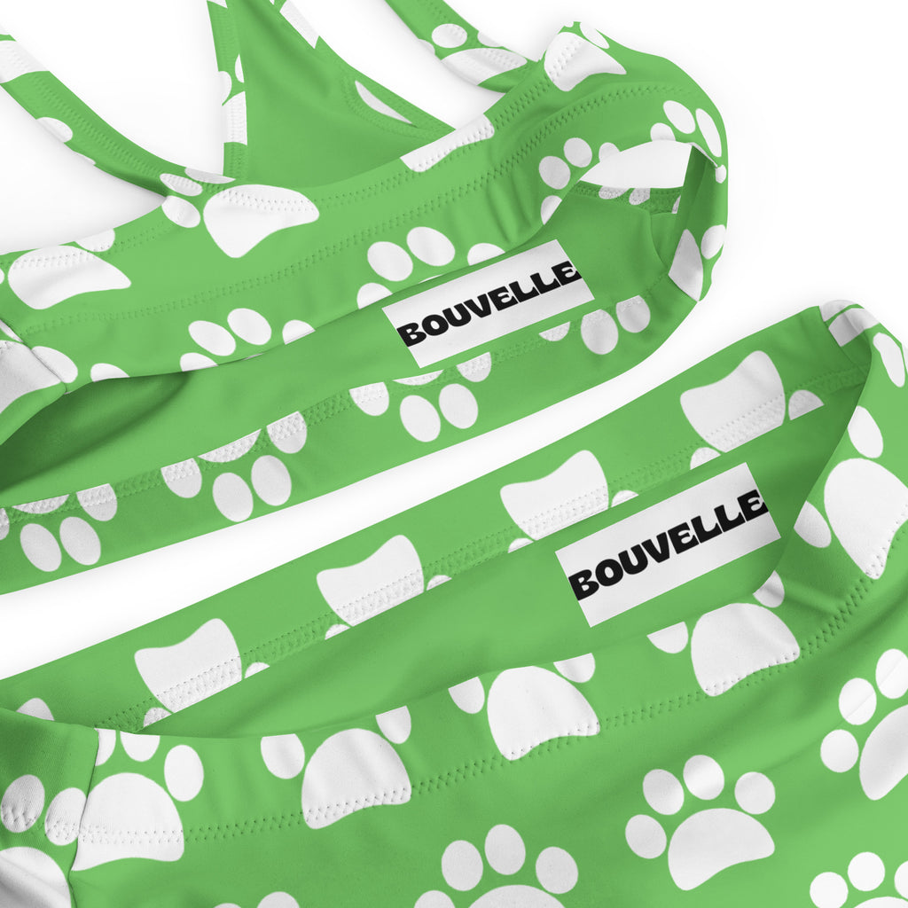 Women's Green Paw Print Recycled Bikini - Removable Padding, Buttery Soft Quick-Drying UPF 50+ Fabric