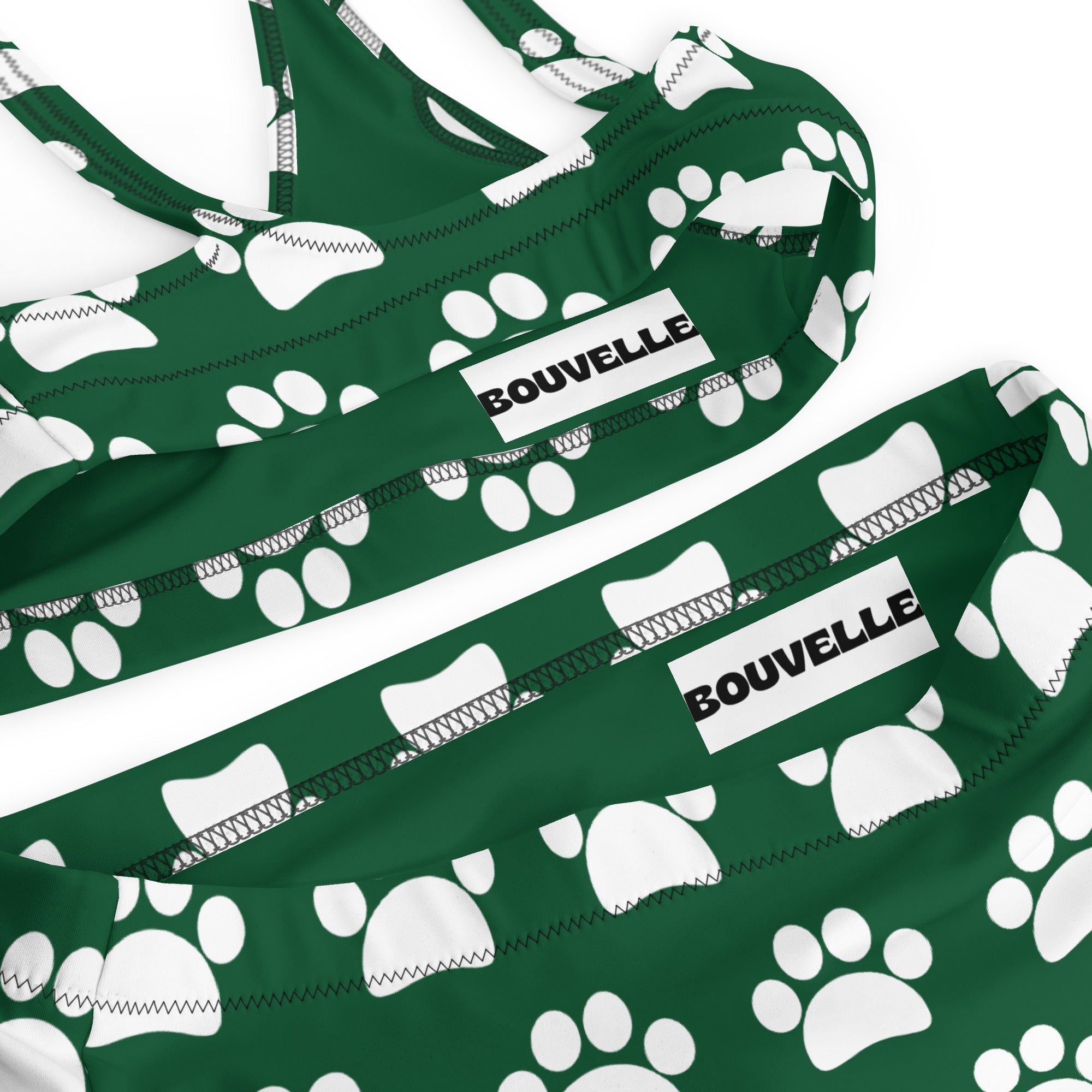 Women's Dark Forest Green Paw Print Recycled Bikini - Removable Padding, Buttery Soft Quick-Drying UPF 50+ Fabric
