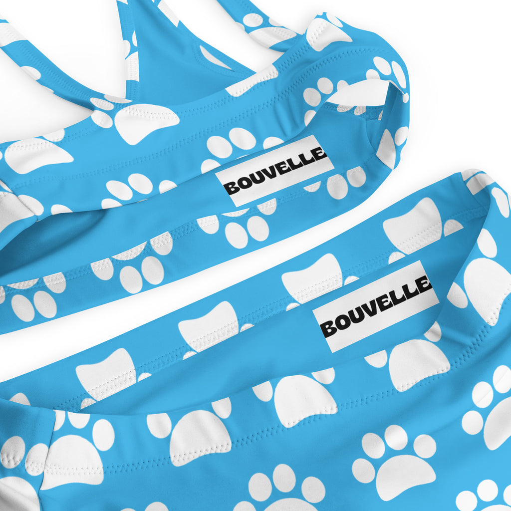 Women's Light Blue Paw Print Recycled Bikini - Removable Padding, Buttery Soft Quick-Drying UPF 50+ Fabric
