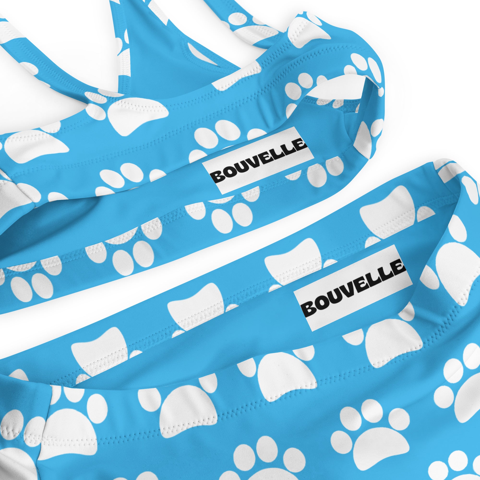 Women's Light Blue Paw Print Recycled Bikini - Removable Padding, Buttery Soft Quick-Drying UPF 50+ Fabric