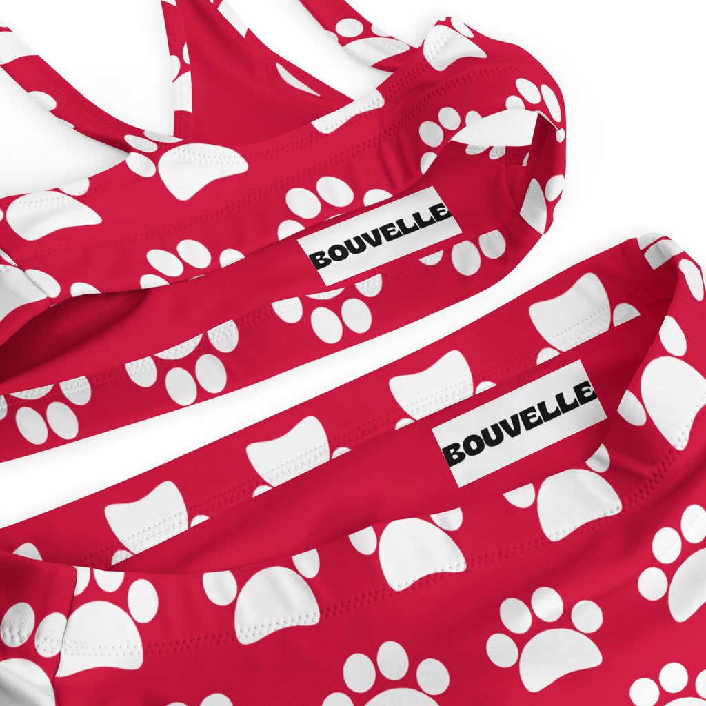 Women's Crimson Red Paw Print Recycled Bikini - Removable Padding, Buttery Soft Quick-Drying UPF 50+ Fabric
