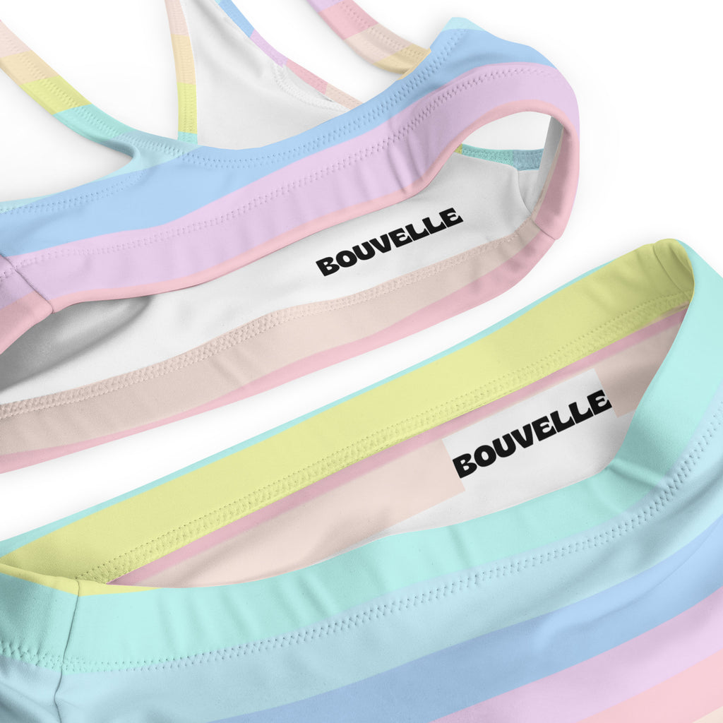 Women's Pastel Rainbow Stripes Recycled Bikini - Removable Padding, Buttery Soft Quick-Drying UPF 50+ Fabric