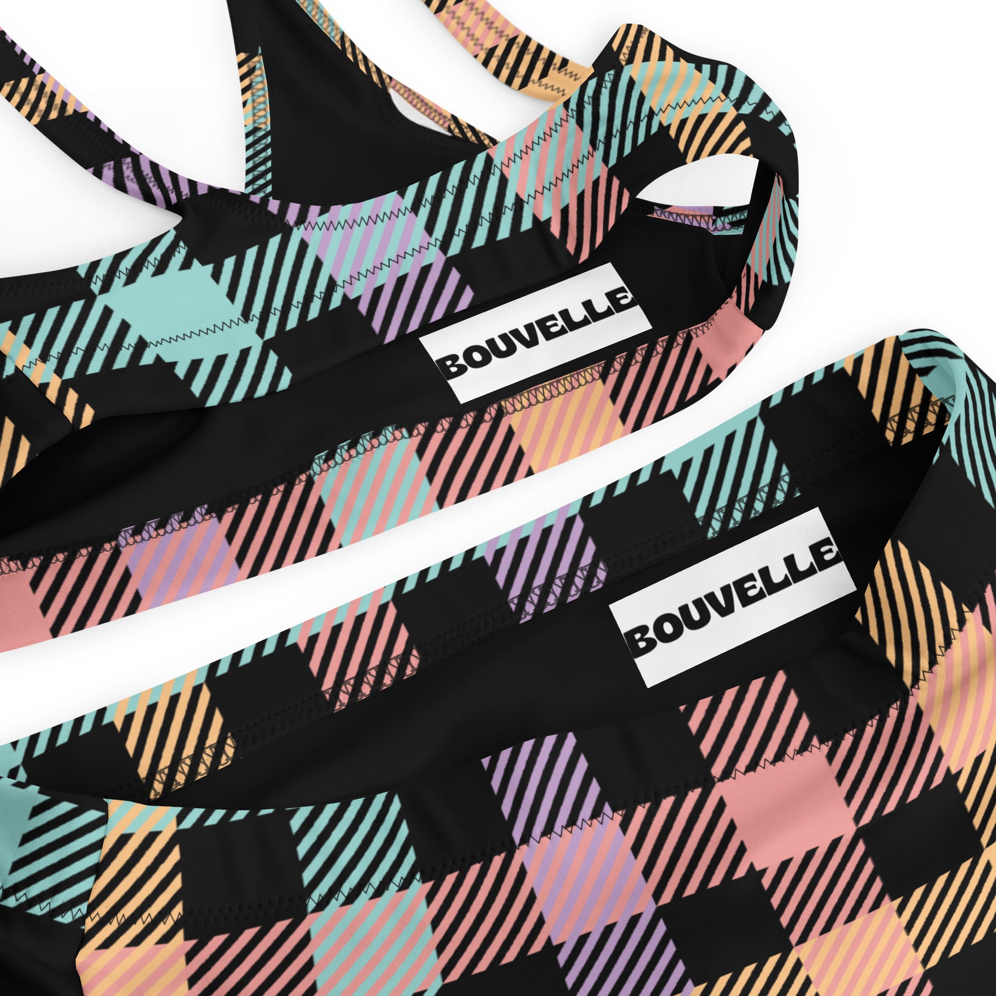 Women's Pastel Rainbow Gingham Recycled Bikini - Removable Padding, Buttery Soft Quick-Drying UPF 50+ Fabric