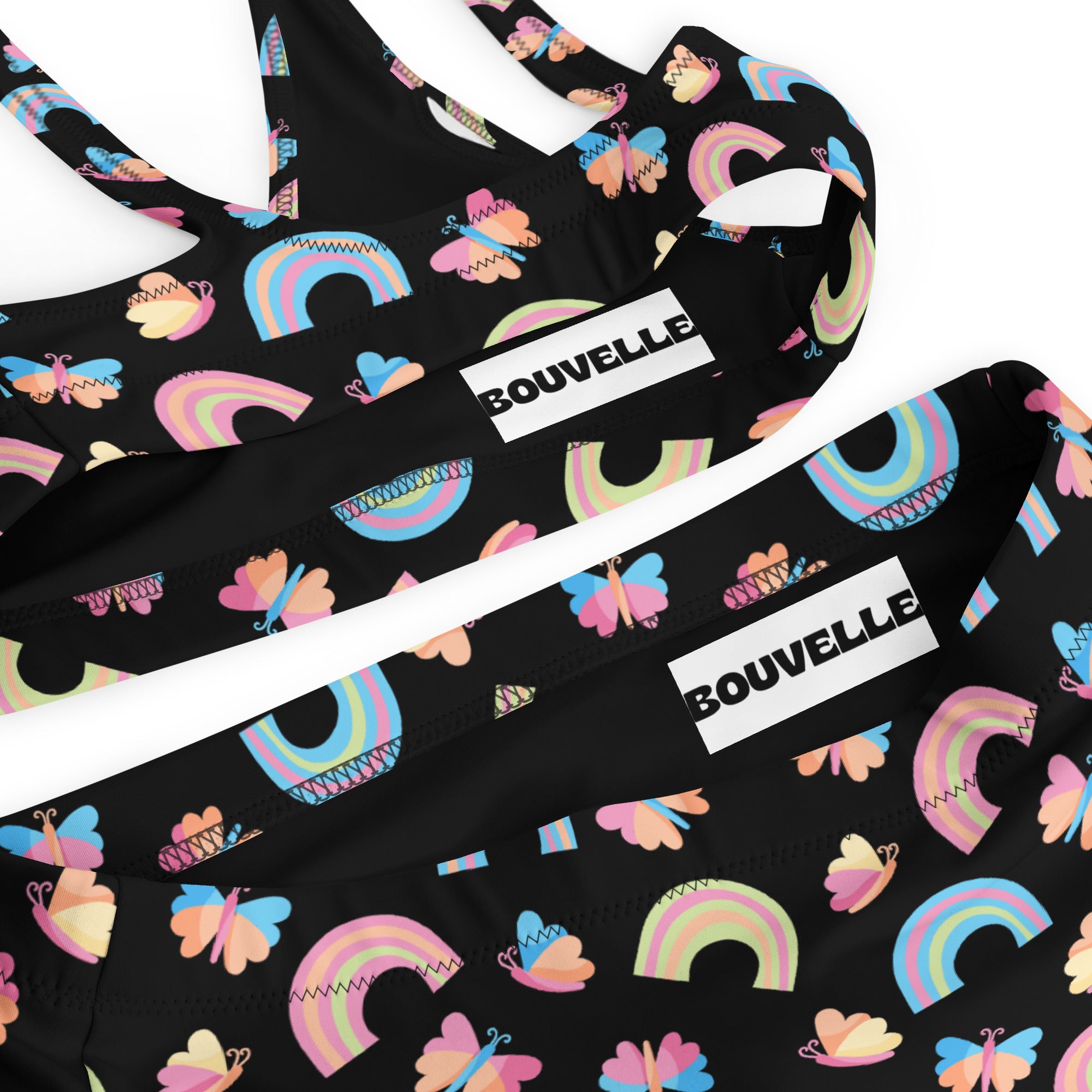 Women's Black Rainbow Butterfly Recycled Bikini - Removable Padding, Buttery Soft Quick-Drying UPF 50+ Fabric