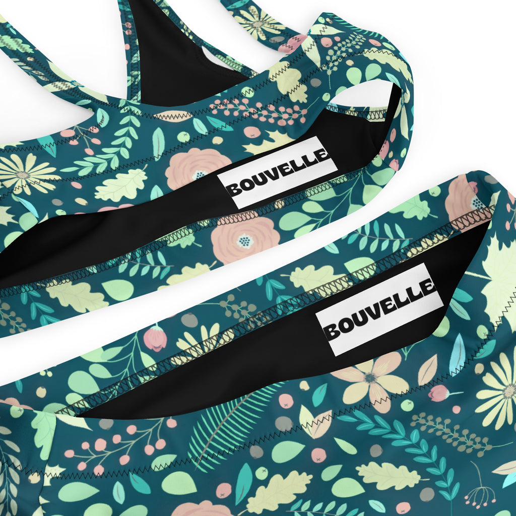 Women's Teal Botanical Floral Recycled Bikini - Removable Padding, Buttery Soft Quick-Drying UPF 50+ Fabric