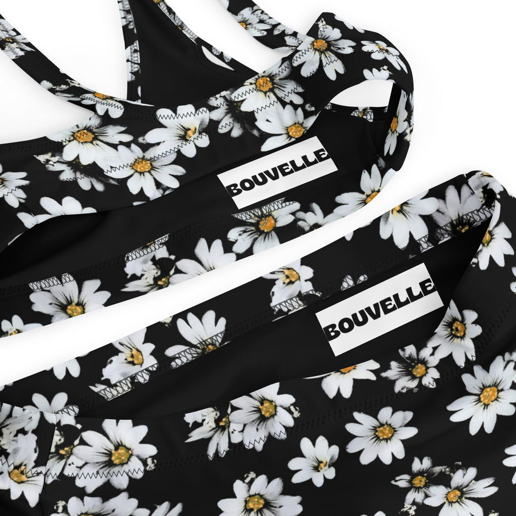 Women's Black Daisy Recycled Bikini - Removable Padding, Buttery Soft Quick-Drying UPF 50+ Fabric