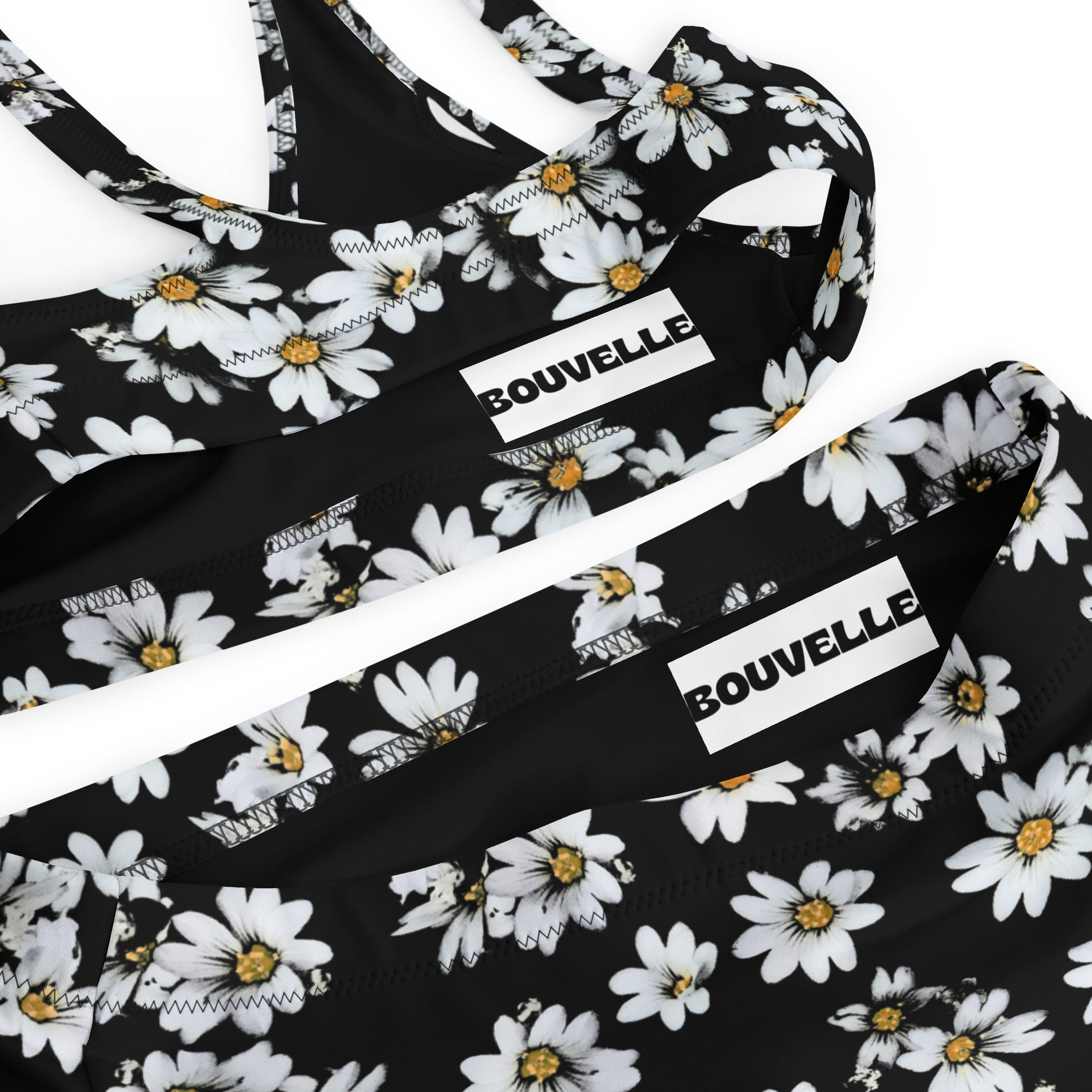 Women's Black Daisy Recycled Bikini - Removable Padding, Buttery Soft Quick-Drying UPF 50+ Fabric