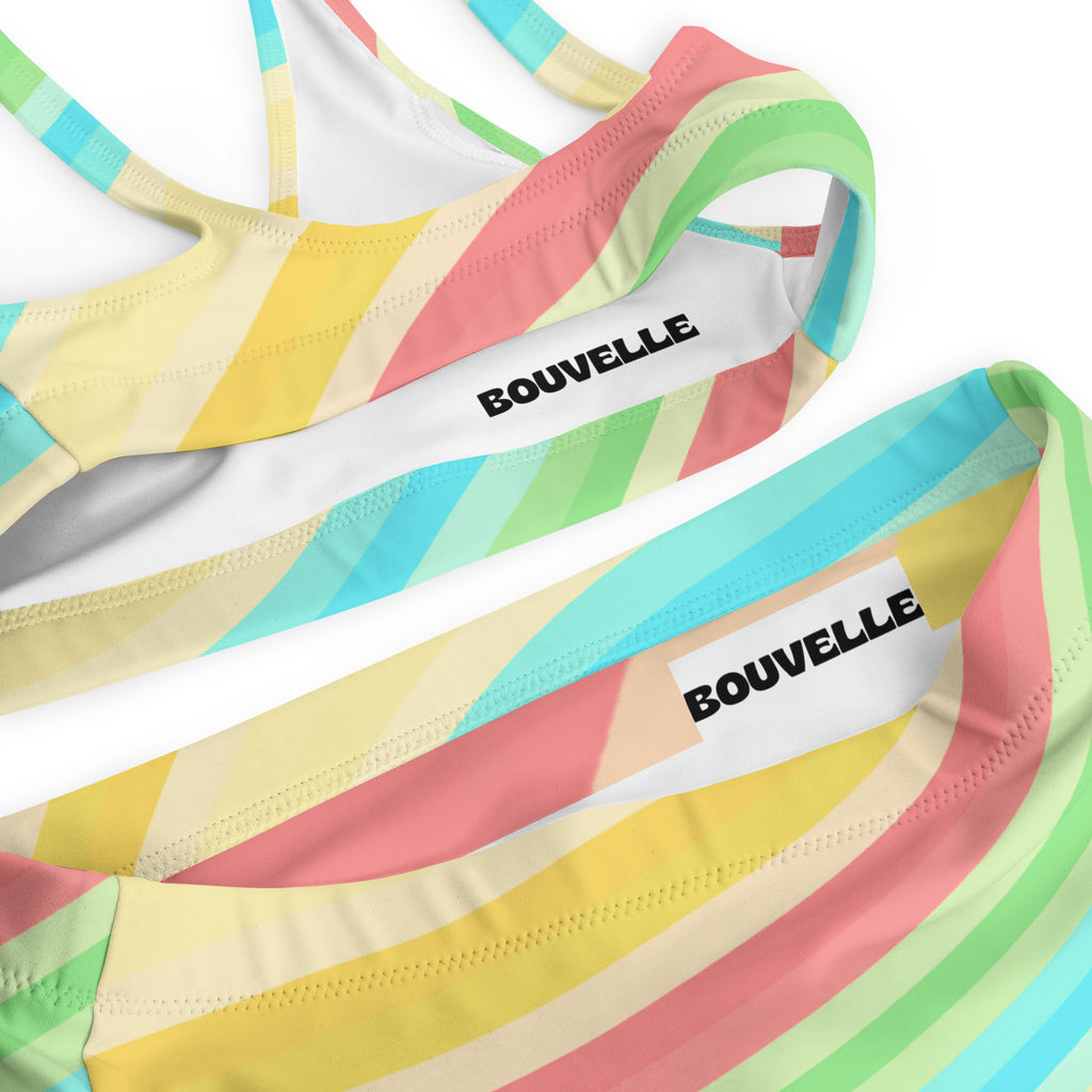 Women's Pastel Beach Rainbow Stripe Recycled Bikini - Removable Padding, Buttery Soft Quick-Drying UPF 50+ Fabric