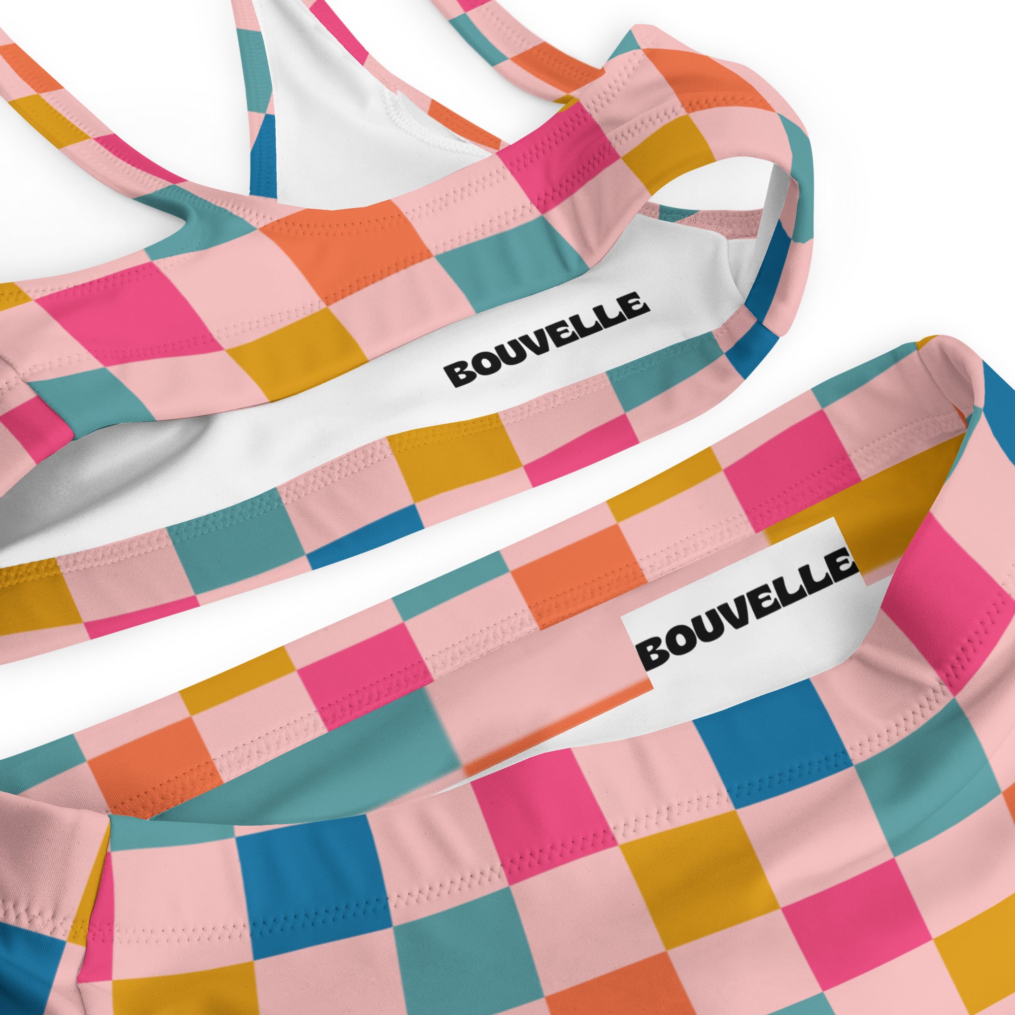 Women's Colorful Pink Pastel Checkerboard Recycled Bikini - Removable Padding, Buttery Soft Quick-Drying UPF 50+ Fabric