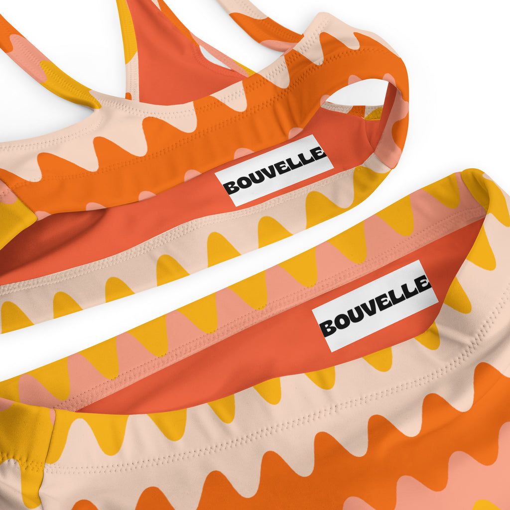 Women's Orange Wavy Stripe Recycled Bikini - Removable Padding, Buttery Soft Quick-Drying UPF 50+ Fabric