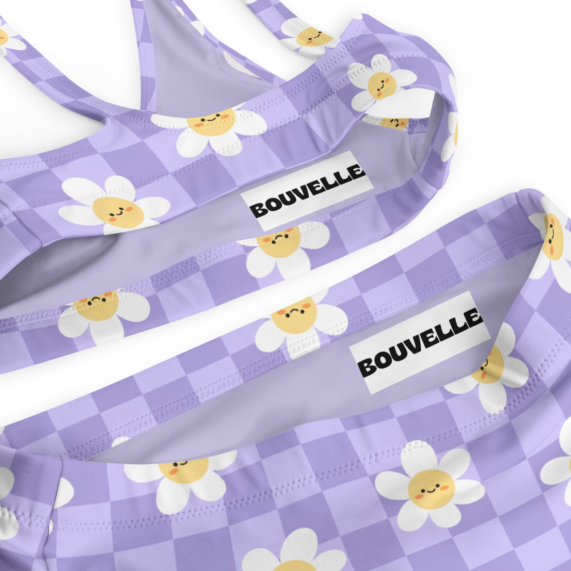Women's Purple Daisy Checkerboard Recycled Bikini - Removable Padding, Buttery Soft Quick-Drying UPF 50+ Fabric