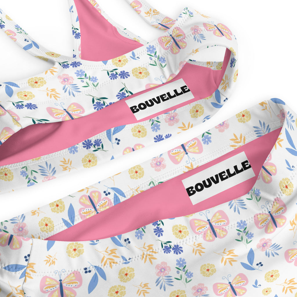 Women's White Butterfly Floral Recycled Bikini - Removable Padding, Buttery Soft Quick-Drying UPF 50+ Fabric