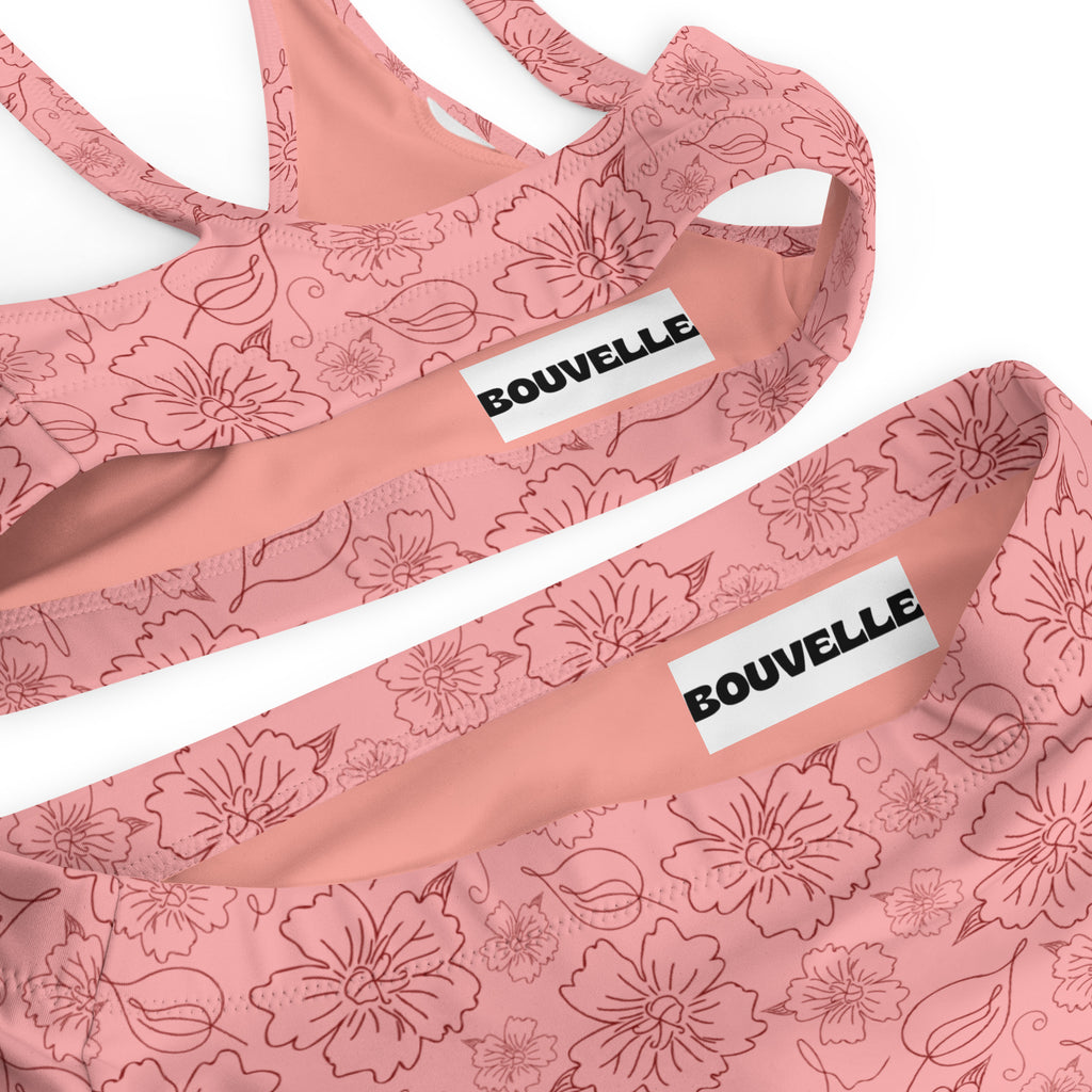 Women's Dusty Pink Floral Line Art Recycled Bikini - Removable Padding, Buttery Soft Quick-Drying UPF 50+ Fabric