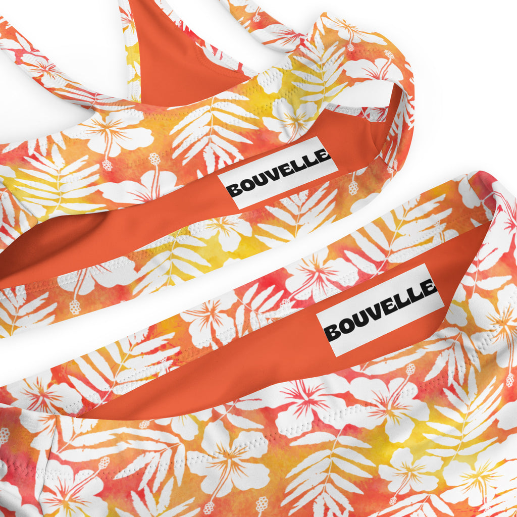Women's Orange Tropical Floral Recycled Bikini - Removable Padding, Buttery Soft Quick-Drying UPF 50+ Fabric