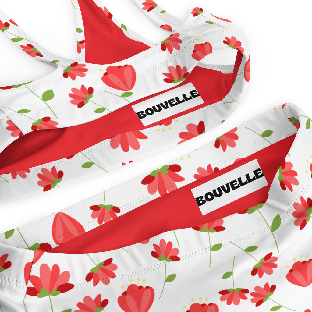 Women's Red Floral Recycled Bikini - Removable Padding, Buttery Soft Quick-Drying UPF 50+ Fabric