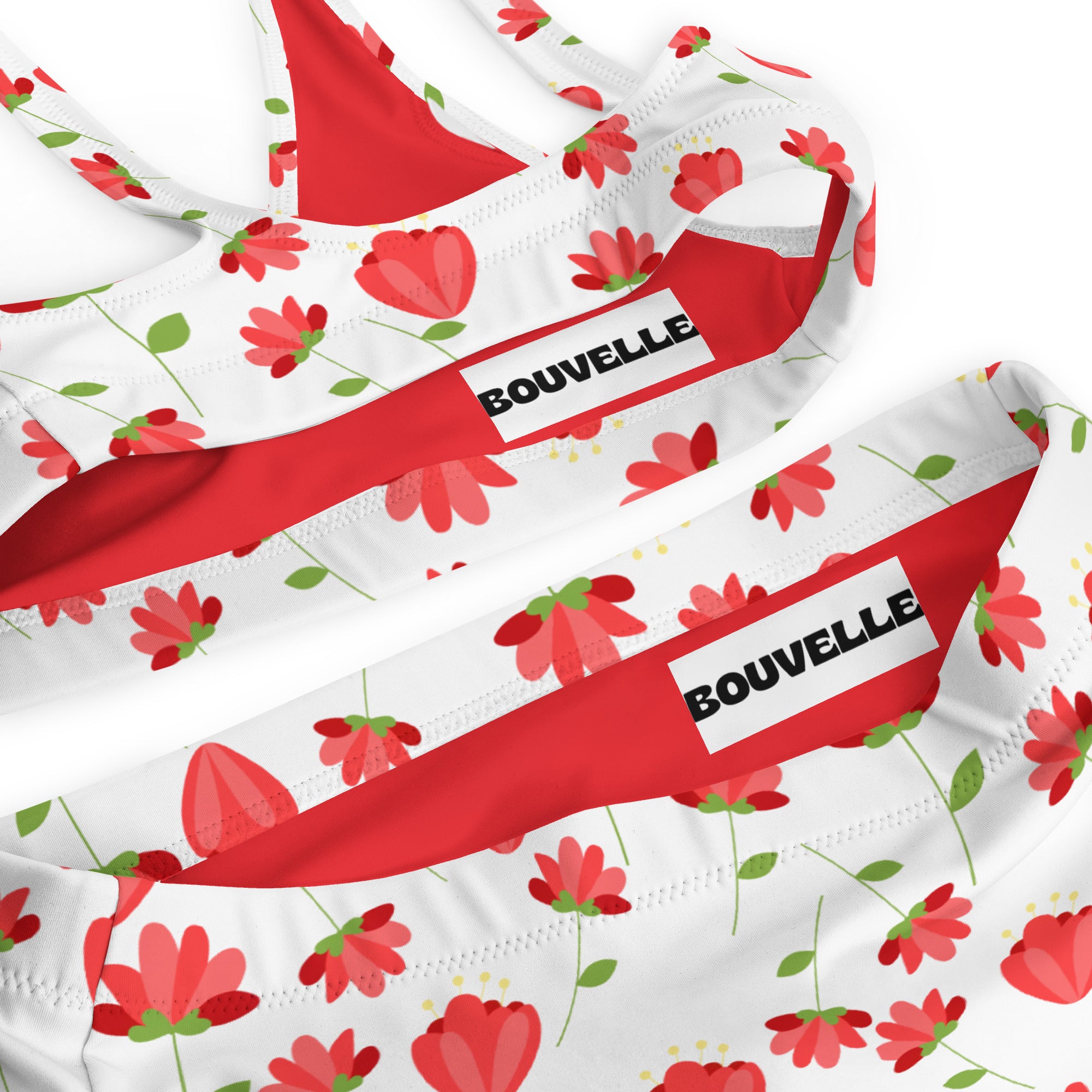 Women's Red Floral Recycled Bikini - Removable Padding, Buttery Soft Quick-Drying UPF 50+ Fabric