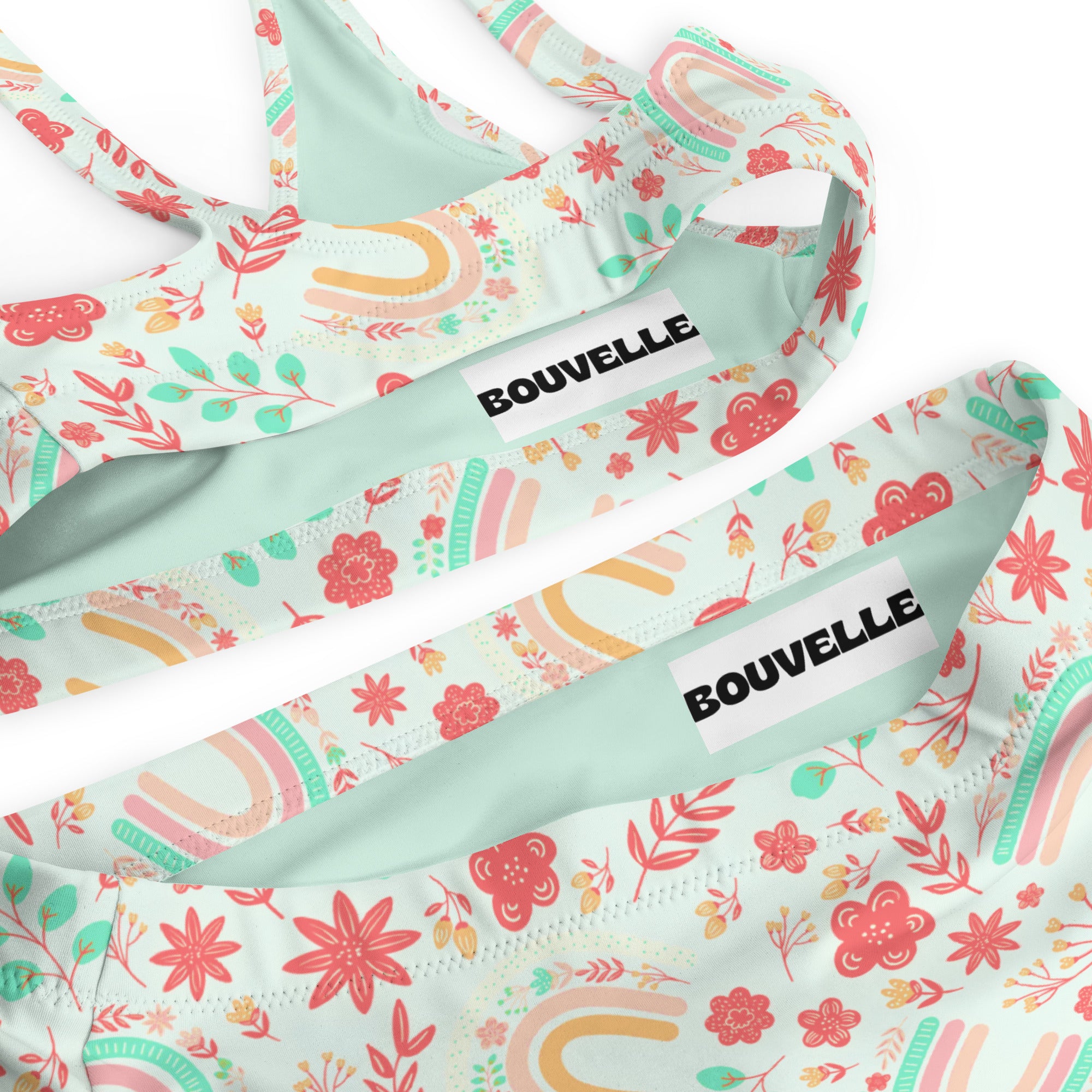 Women's Mint Boho Rainbow Floral Recycled Bikini - Removable Padding, Buttery Soft Quick-Drying UPF 50+ Fabric