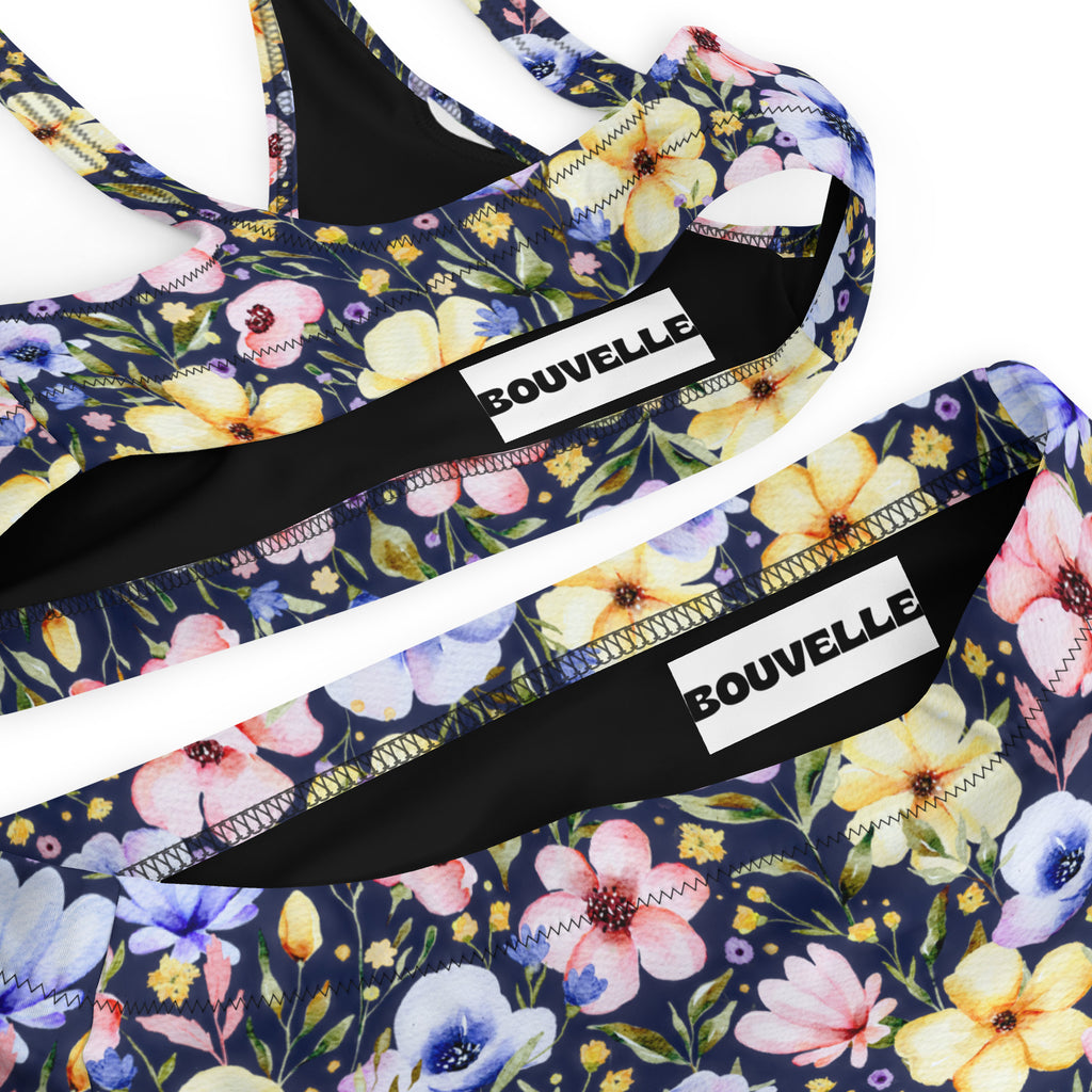 Women's Navy Watercolor Floral Recycled Bikini - Removable Padding, Buttery Soft Quick-Drying UPF 50+ Fabric