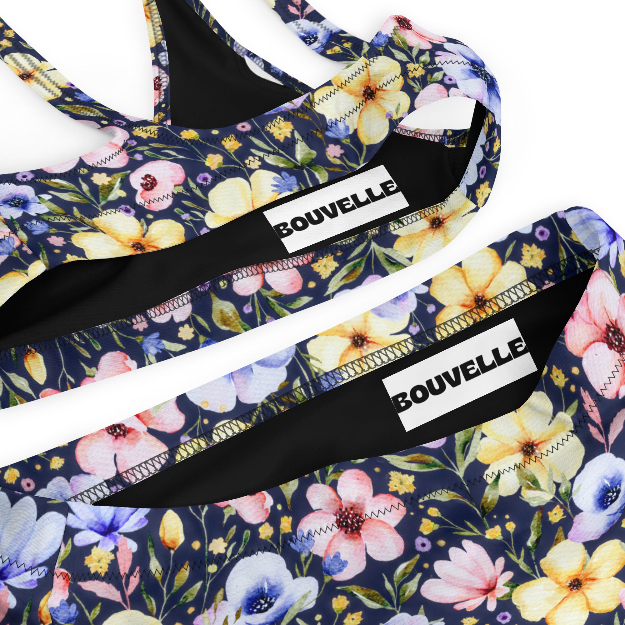 Women's Navy Watercolor Floral Recycled Bikini - Removable Padding, Buttery Soft Quick-Drying UPF 50+ Fabric