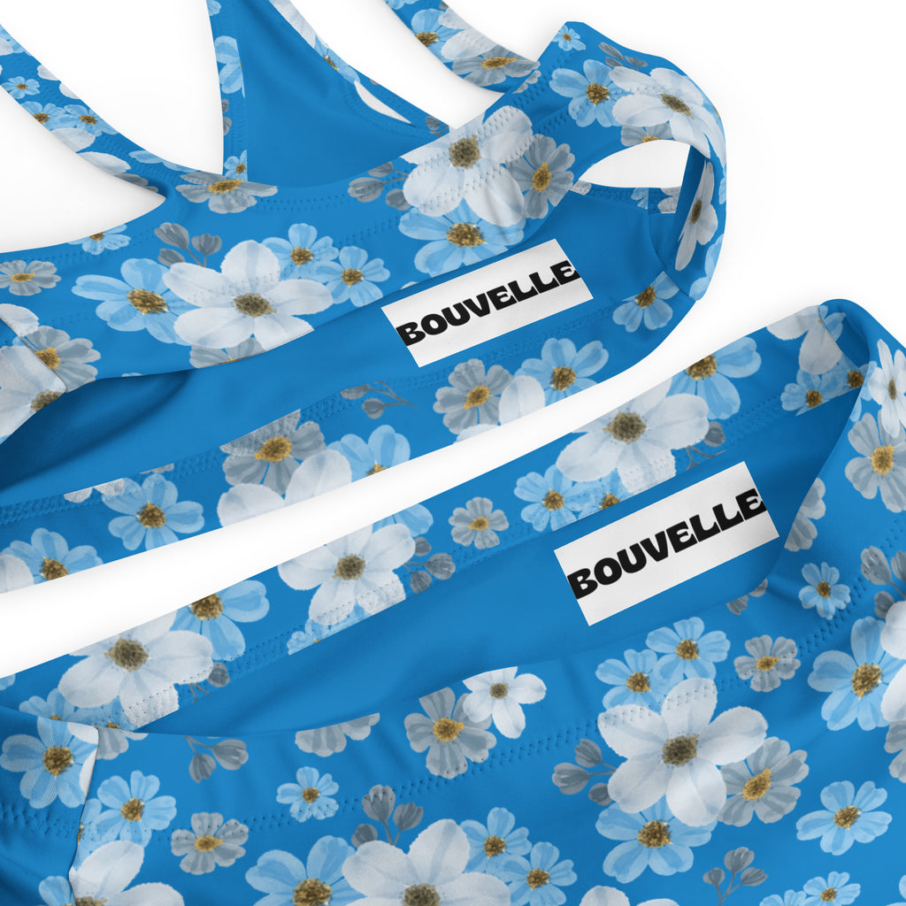 Women's Blue Daisy Floral Recycled Bikini - Removable Padding, Buttery Soft Quick-Drying UPF 50+ Fabric