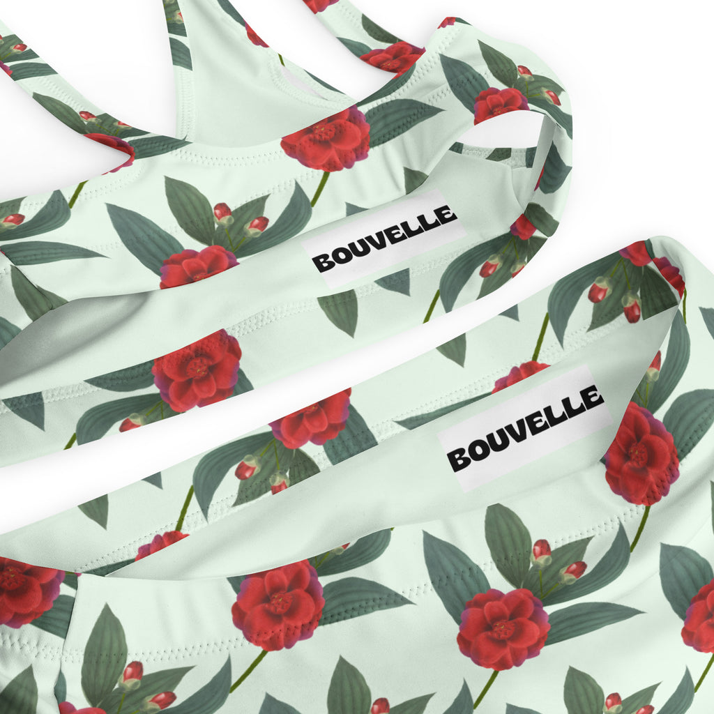 Women's Mint Red Rose Recycled Bikini - Removable Padding, Buttery Soft Quick-Drying UPF 50+ Fabric