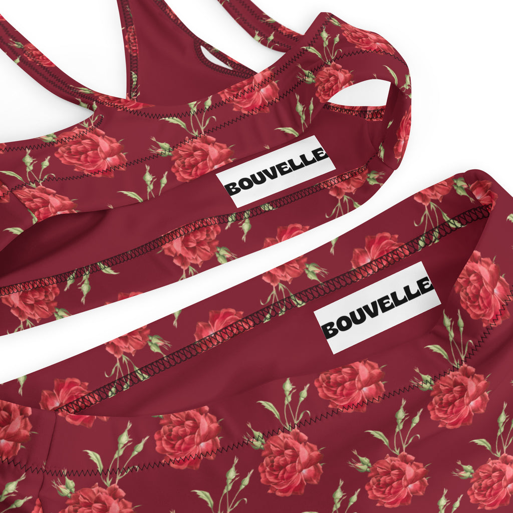 Women's Burgundy Red Rose Recycled Bikini - Removable Padding, Buttery Soft Quick-Drying UPF 50+ Fabric