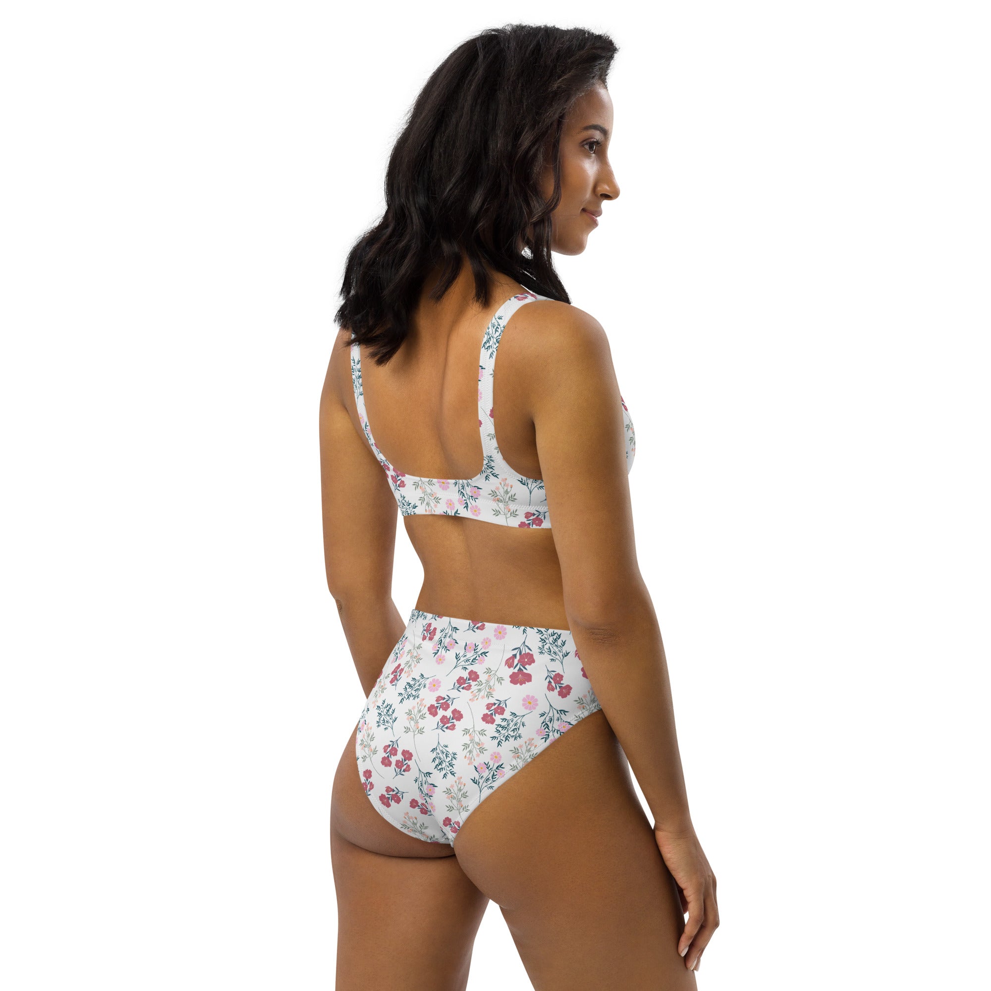 Women’s white vintage floral padded recycled bikini set with pink and green blossoms quick drying fabric upf 50+