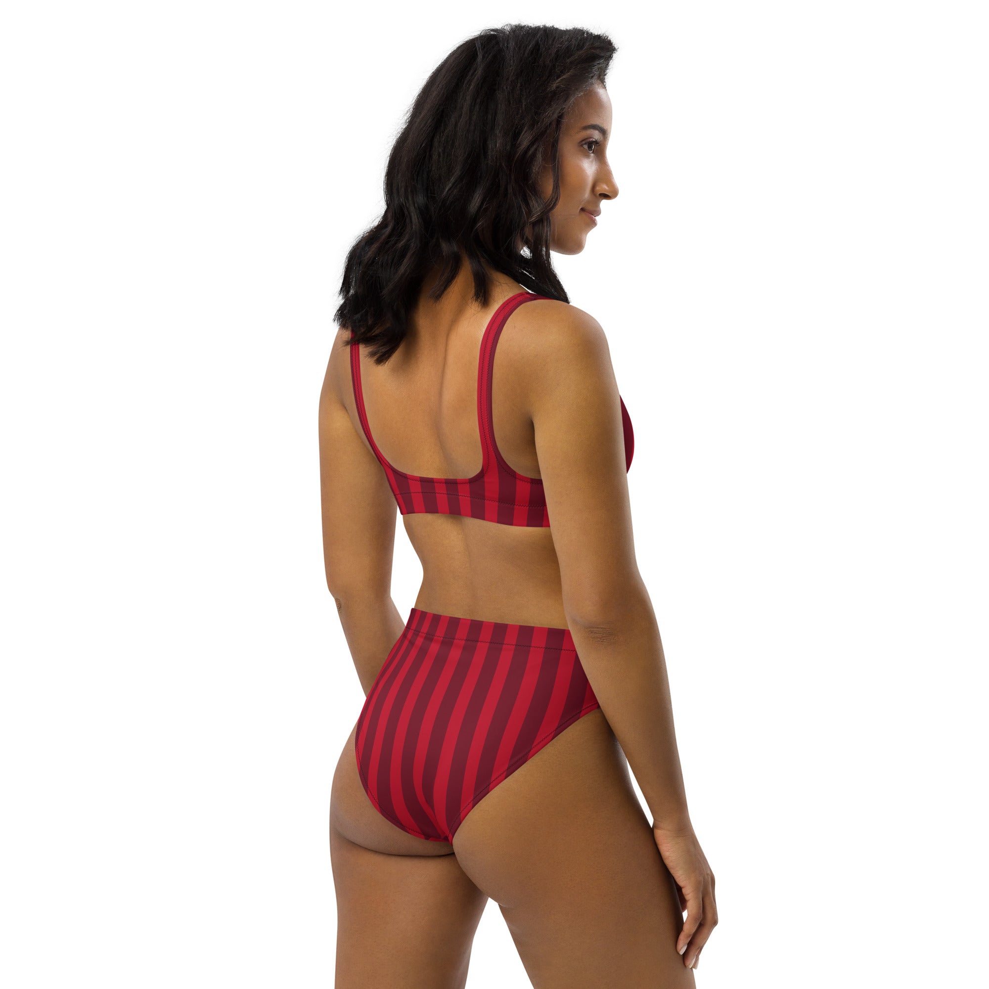 Women’s deep red and black striped high-waisted recycled bikini set with quick drying fabric and upf 50+ protection