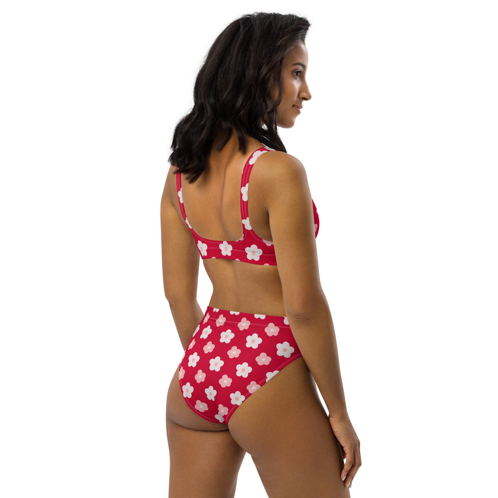Women's Red Daisy Recycled Bikini - Removable Padding, Buttery Soft Quick-Drying UPF 50+ Fabric