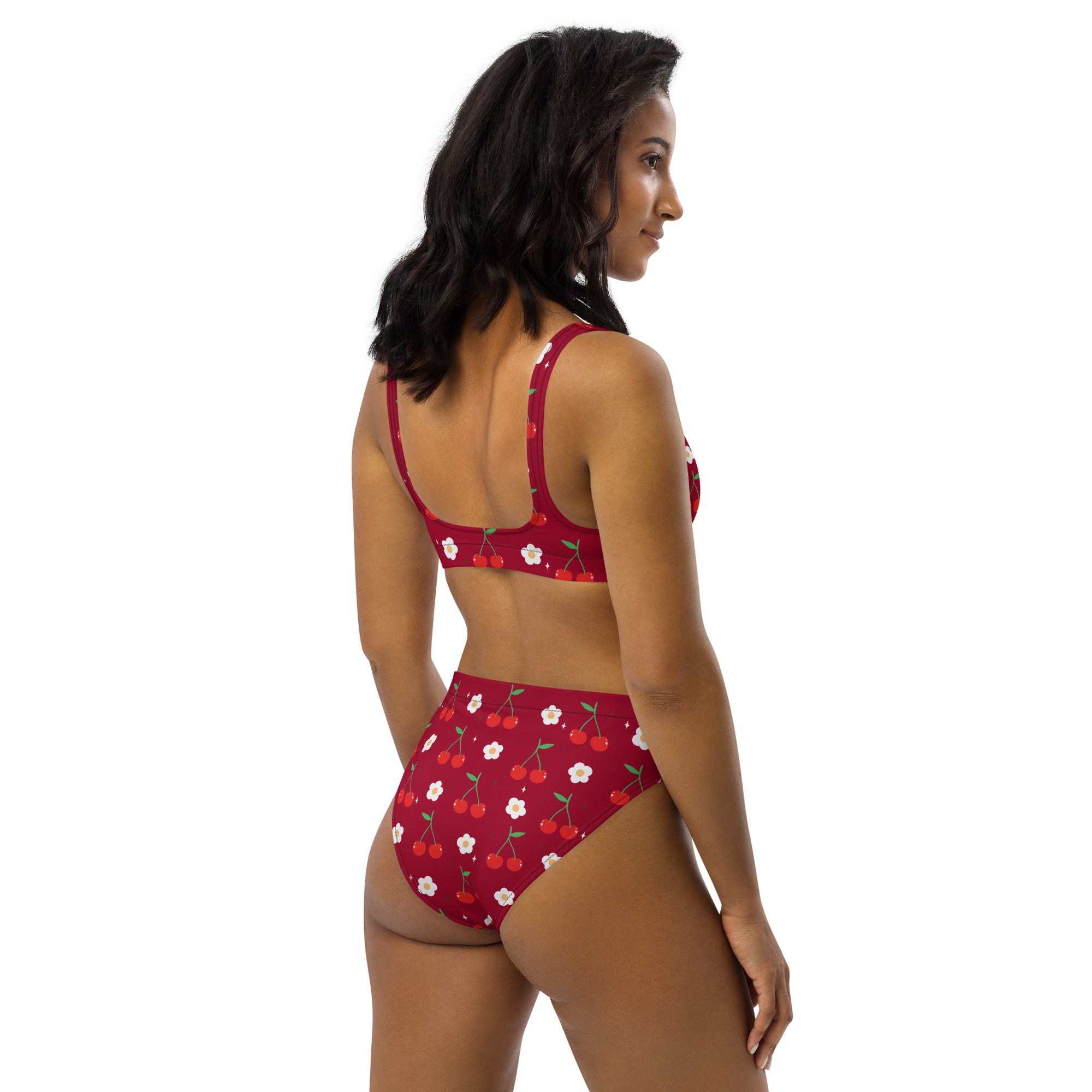 Women's Red Cherry Daisy Recycled Bikini - Removable Padding, Buttery Soft Quick-Drying UPF 50+ Fabric