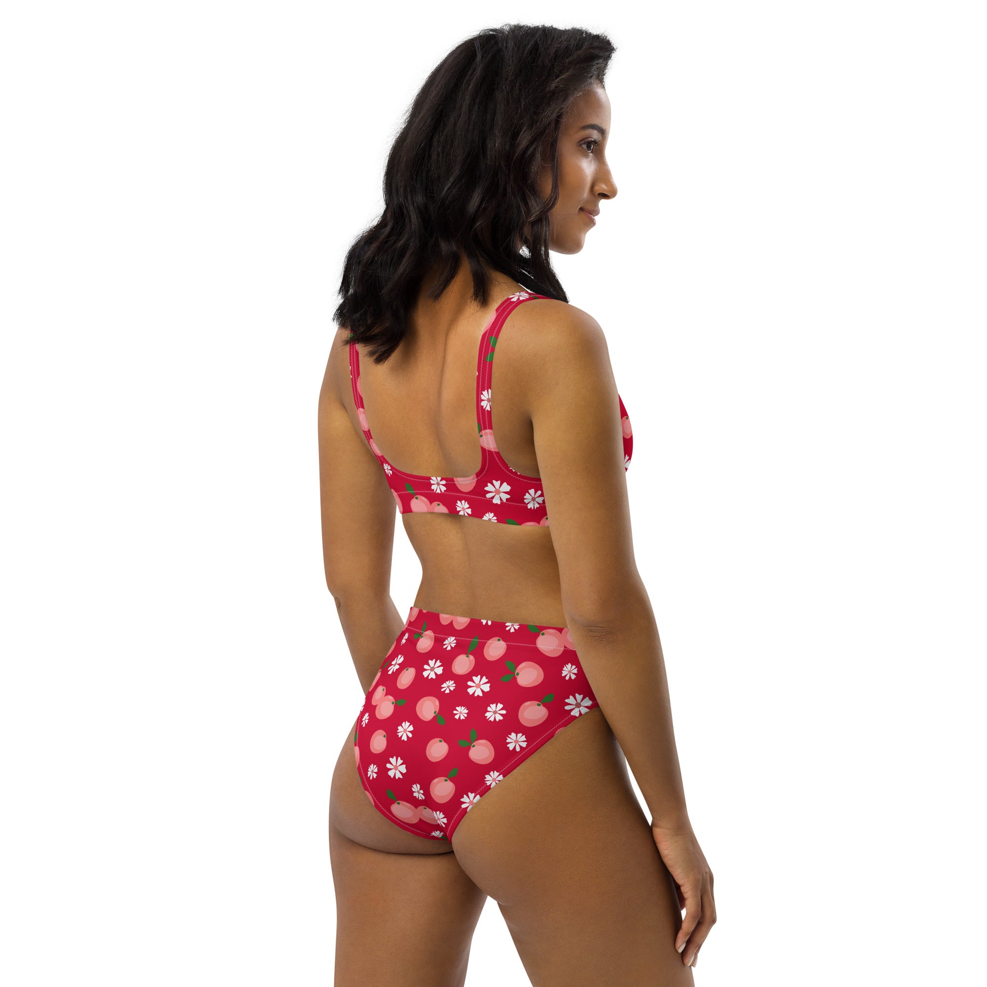 Women's Red Peach Daisy Recycled Bikini - Removable Padding, Buttery Soft Quick-Drying UPF 50+ Fabric