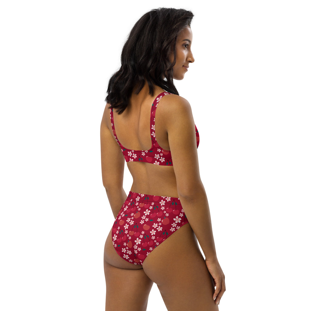Women's Red Cherry Blossom Recycled Bikini - Removable Padding, Buttery Soft Quick-Drying UPF 50+ Fabric