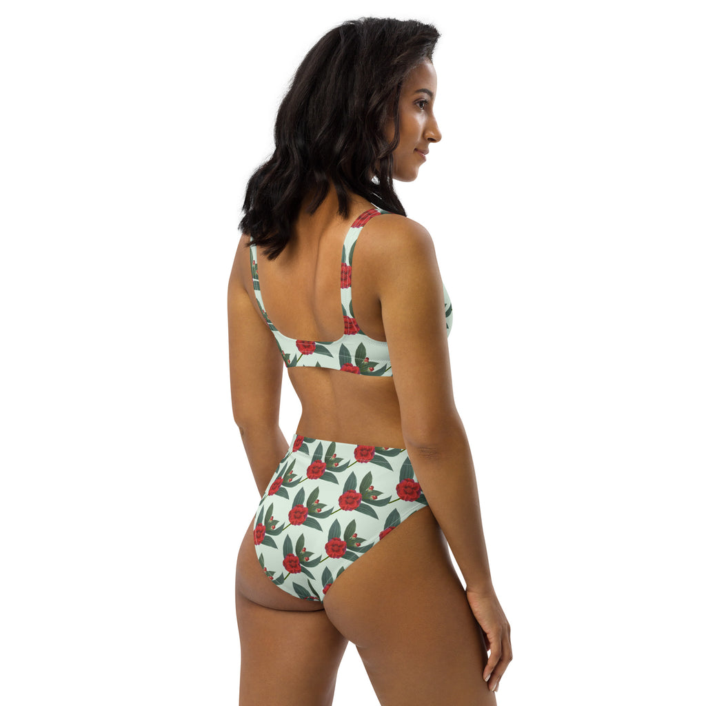 Women's Mint Red Rose Recycled Bikini - Removable Padding, Buttery Soft Quick-Drying UPF 50+ Fabric
