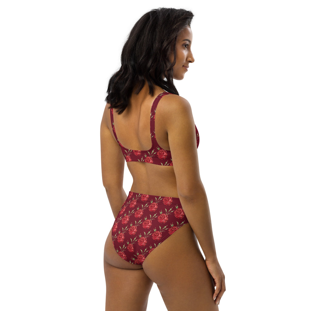 Women's Burgundy Red Rose Recycled Bikini - Removable Padding, Buttery Soft Quick-Drying UPF 50+ Fabric