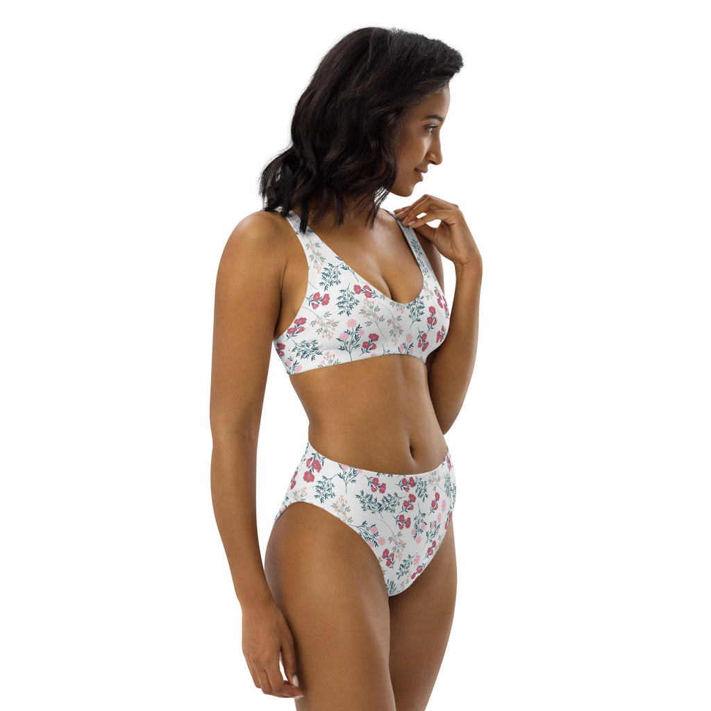 Women’s white vintage floral padded recycled bikini set with pink and green blossoms quick drying fabric upf 50+