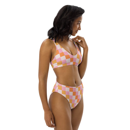 Women's Pastel Pink & Orange Checkerboard Padded Recycled Bikini - Quick Drying Fabric With UPF 50+