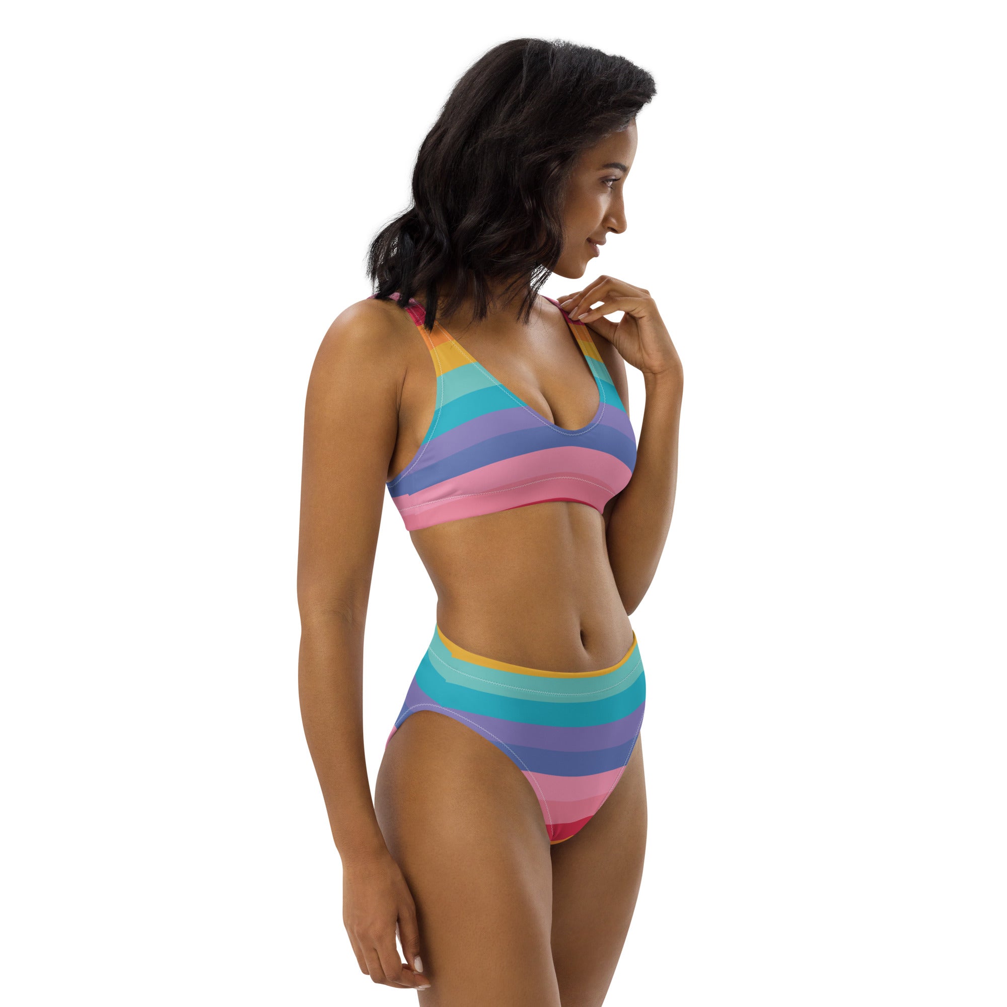 Women's Bright Striped Rainbow Recycled Bikini - Removable Padding, Buttery Soft Quick-Drying UPF 50+ Fabric