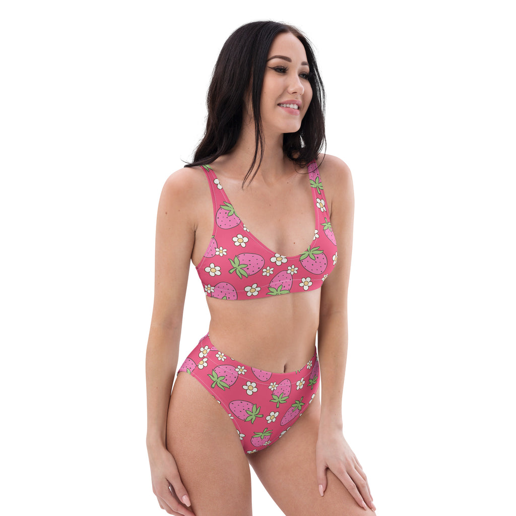 Women's Pink Strawberry Recycled Bikini - Removable Padding, Buttery Soft Quick-Drying UPF 50+ Fabric
