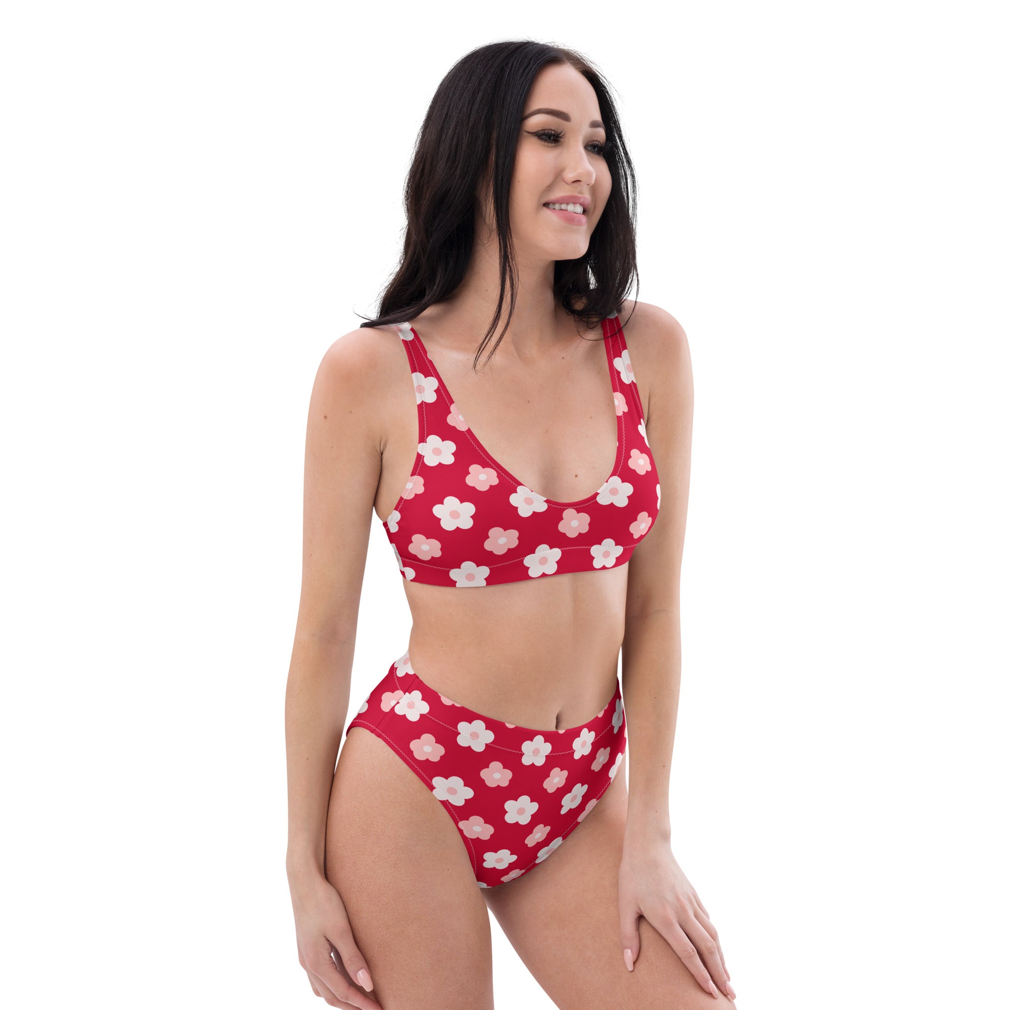 Women's Red Daisy Recycled Bikini - Removable Padding, Buttery Soft Quick-Drying UPF 50+ Fabric